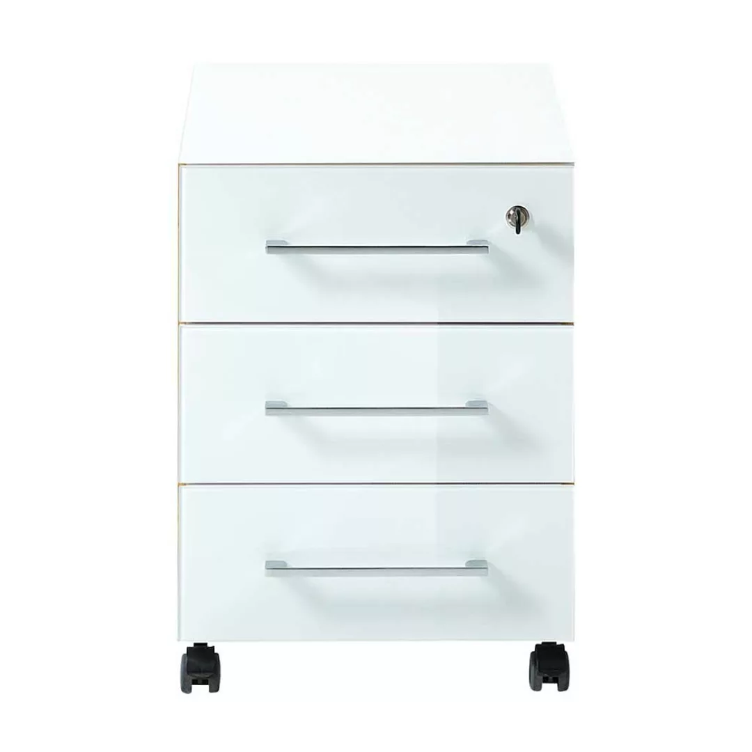 Schreibtischrollcontainer in Weiß und Wildeiche Optik Glas beschichtet günstig online kaufen