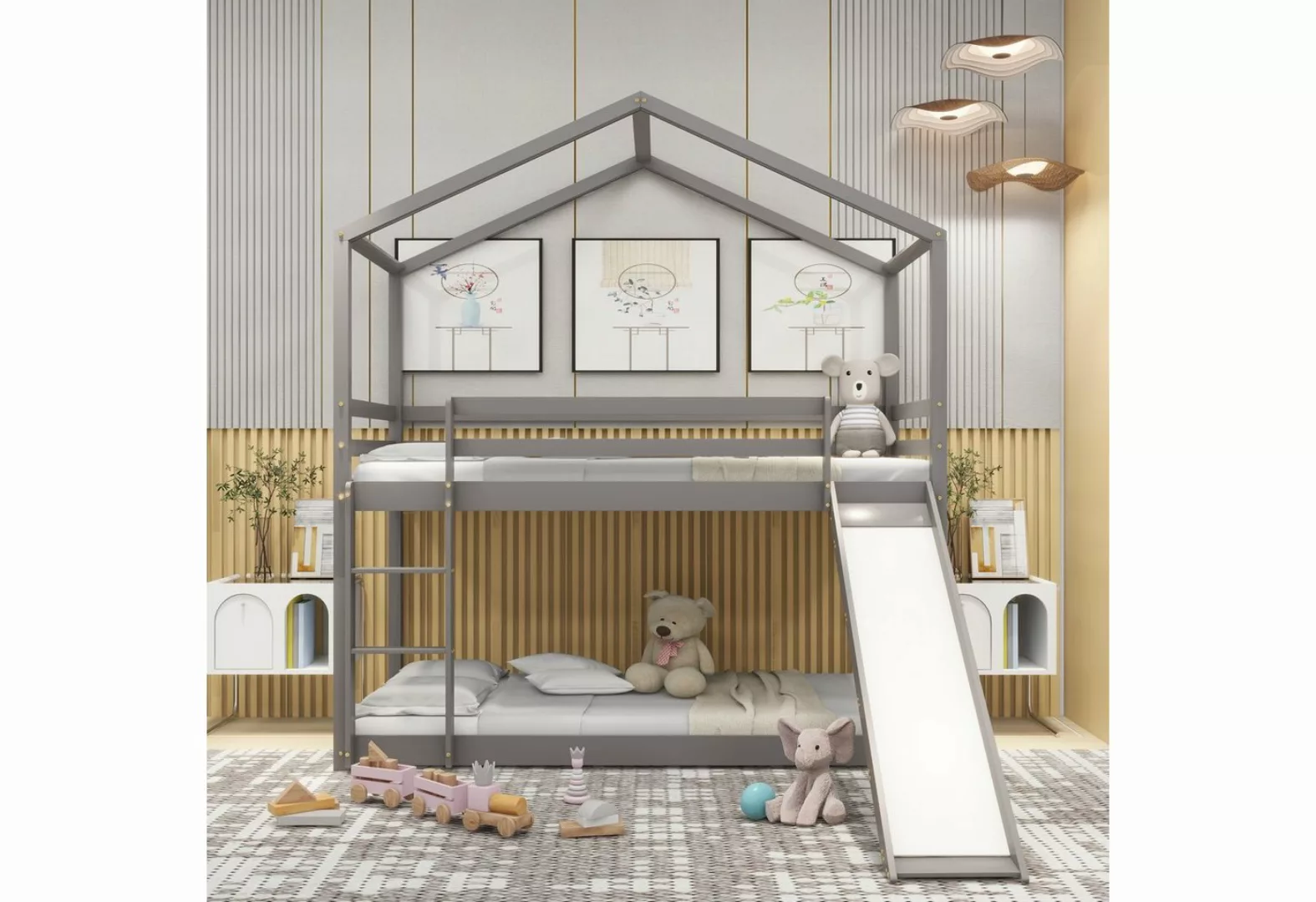OKWISH Etagenbett Kinderbett Hausbett, Niedriges Bett (mit Rutsche, Massivh günstig online kaufen