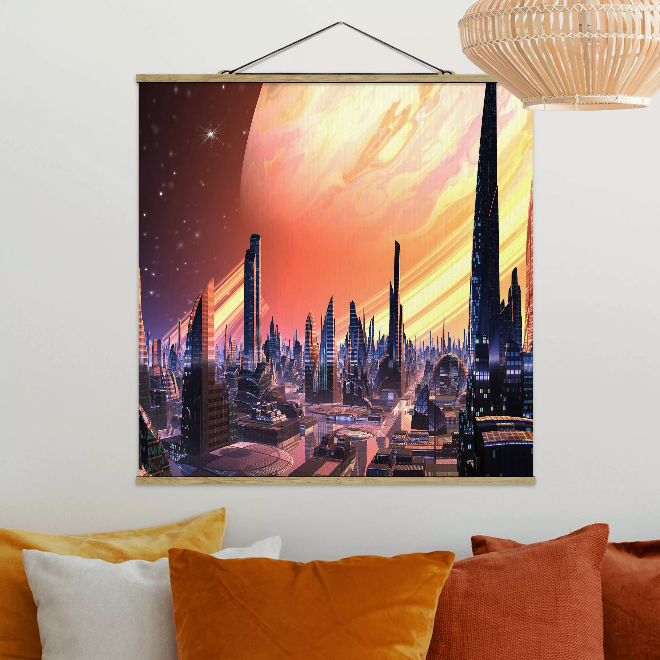 Stoffbild mit Posterleisten Sci-Fi Großstadt mit Planet günstig online kaufen