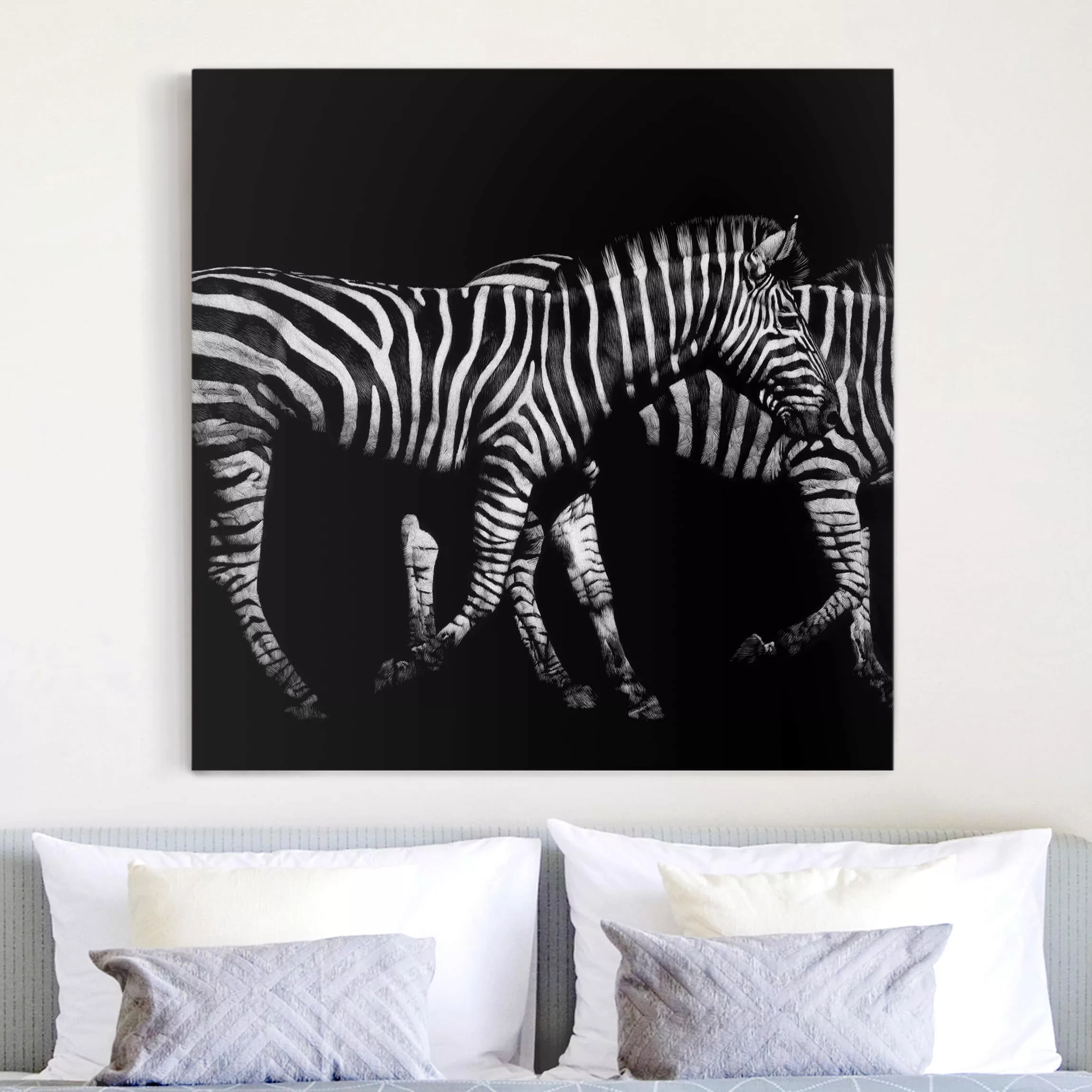 Leinwandbild Schwarz-Weiß - Quadrat Zebra vor Schwarz günstig online kaufen