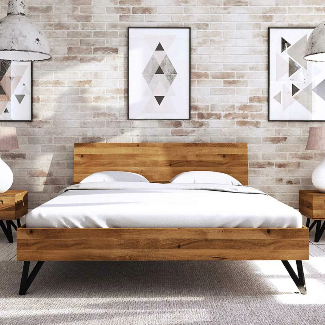 Echtholzbett aus Wildeiche Massivholz und Stahl Loft Design günstig online kaufen