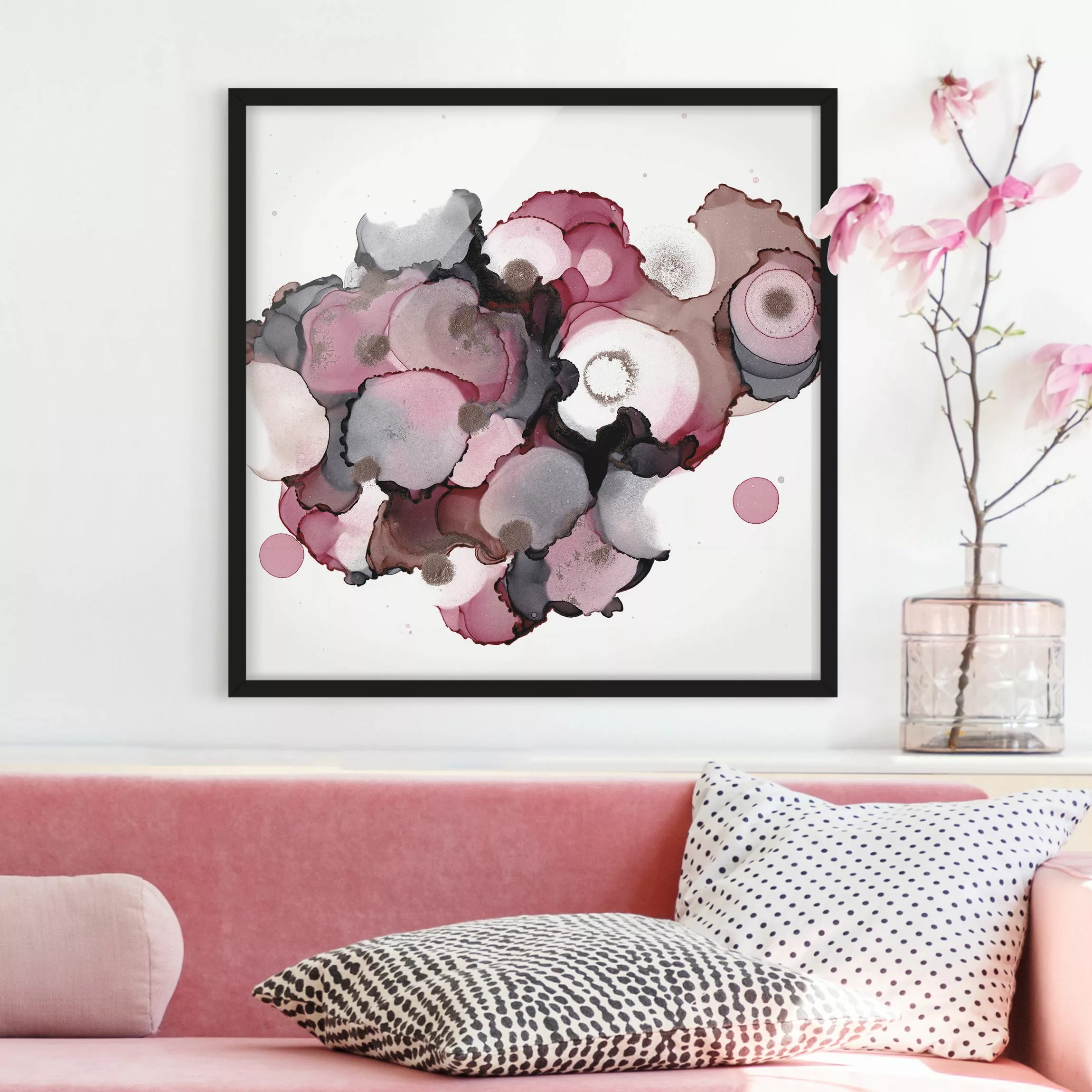 Bild mit Rahmen Pink-Beige Tropfen mit Roségold günstig online kaufen