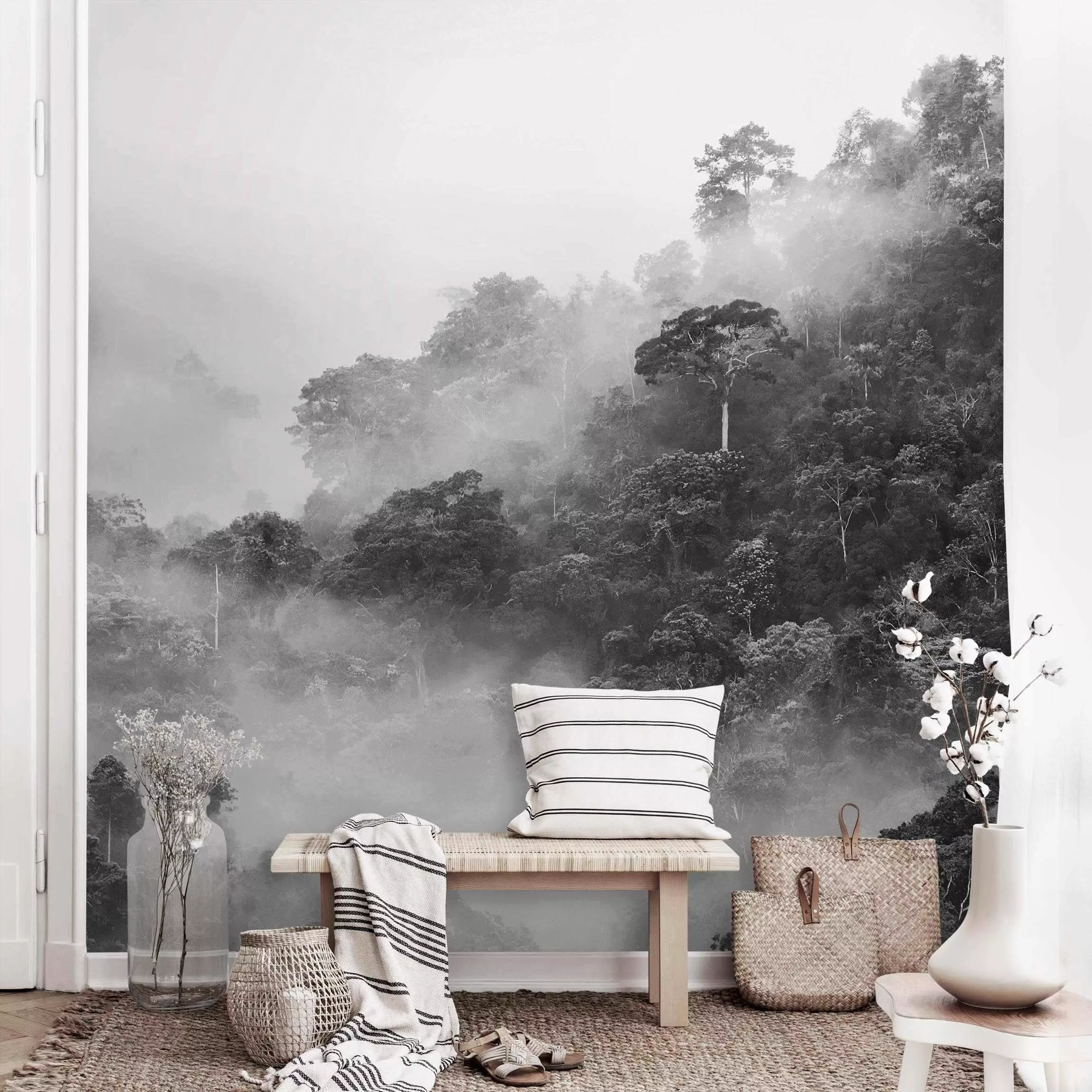Fototapete Dschungel im Nebel Schwarz-Weiß günstig online kaufen