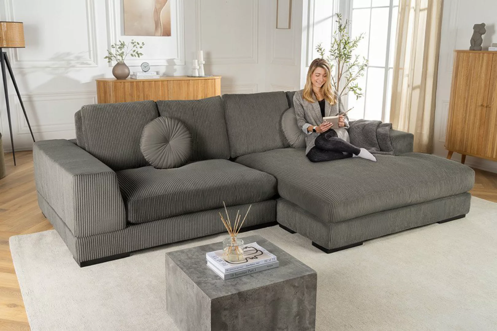 riess-ambiente Ecksofa BABYLON 270cm grau · XXL Couch in L-Form mit Cord-Be günstig online kaufen