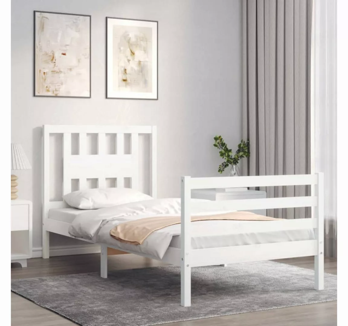 vidaXL Bett Massivholzbett mit Kopfteil Weiß 90x200 cm günstig online kaufen