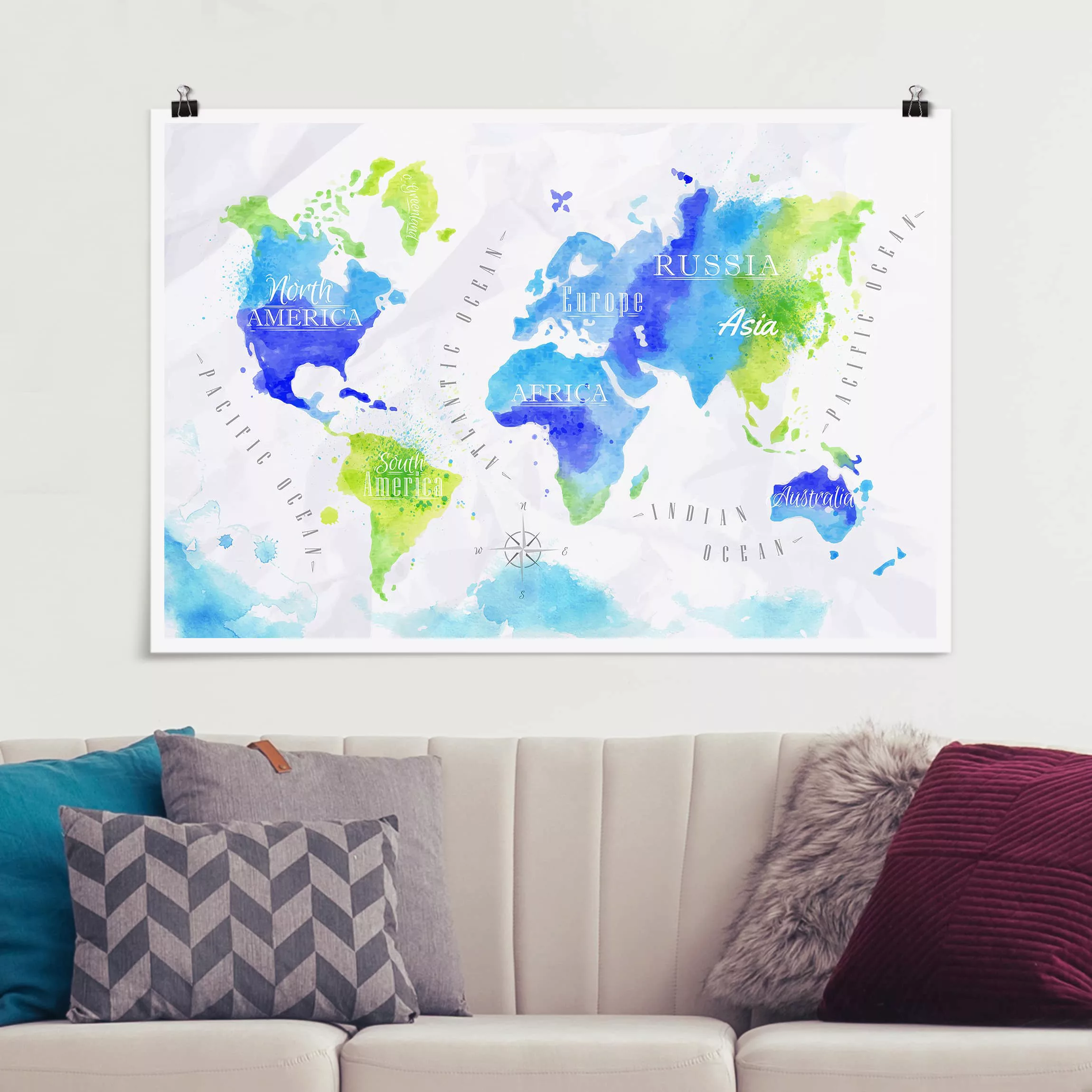 Poster Stadt-, Land- & Weltkarten - Querformat Weltkarte Aquarell blau grün günstig online kaufen