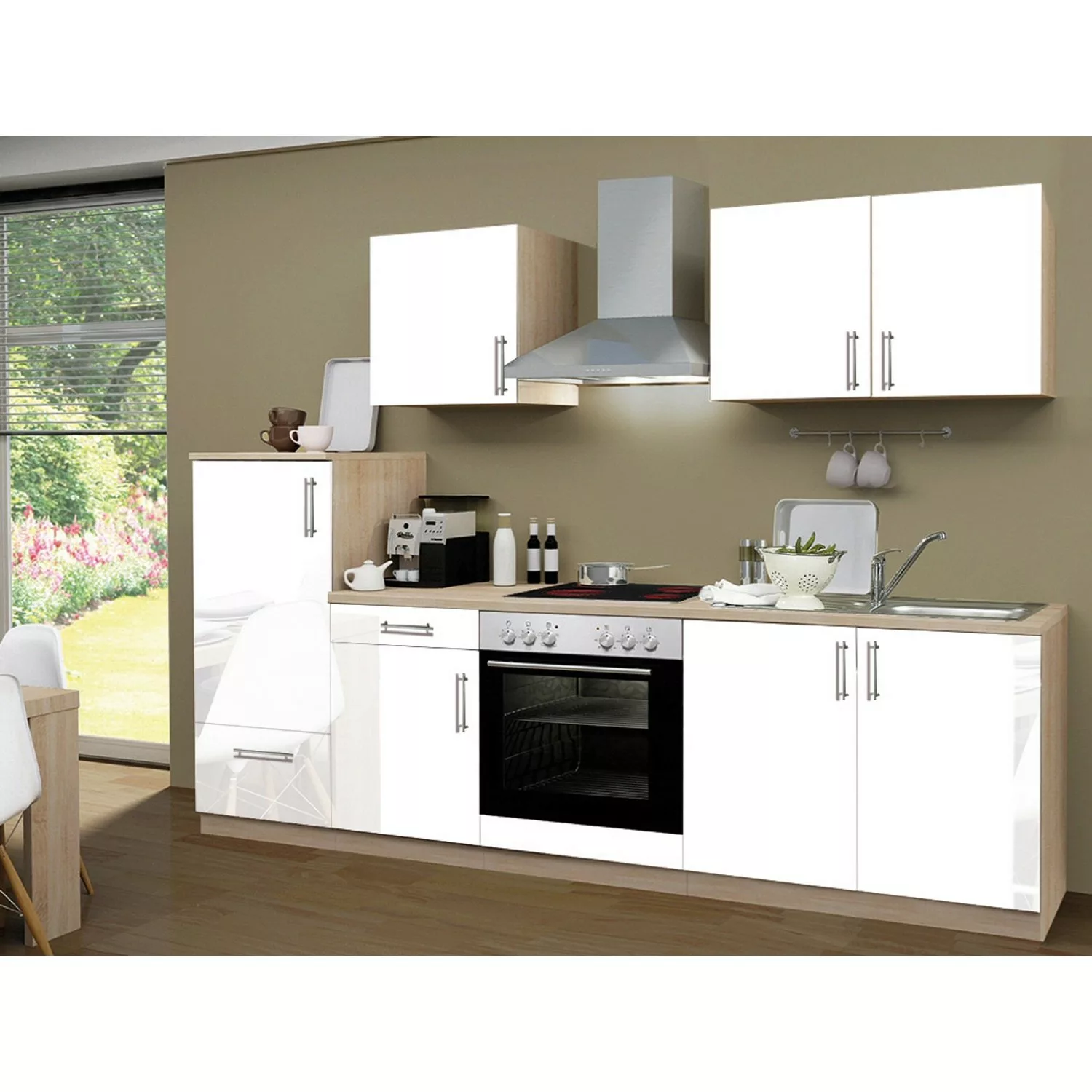 Menke Küchenzeile Premium 270 cm Weiß Hochglanz-Sonoma Eiche Nachbildung günstig online kaufen