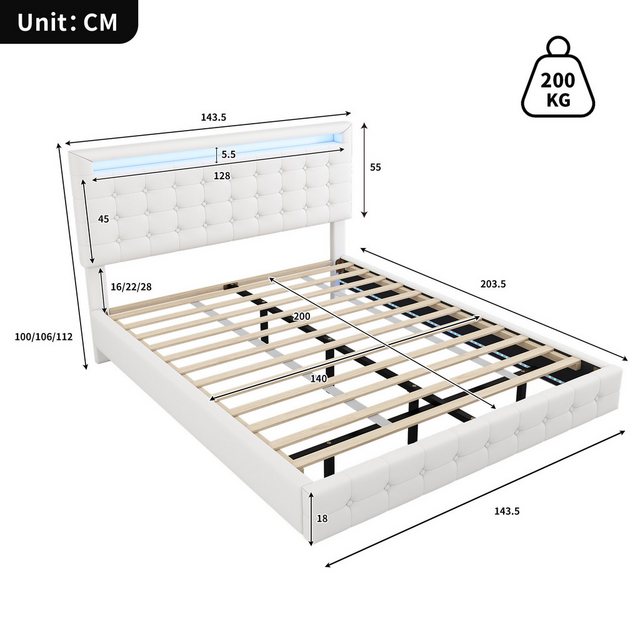 Flieks Polsterbett, LED Doppelbett Schwebebett 140x200cm mit hochstellbarem günstig online kaufen