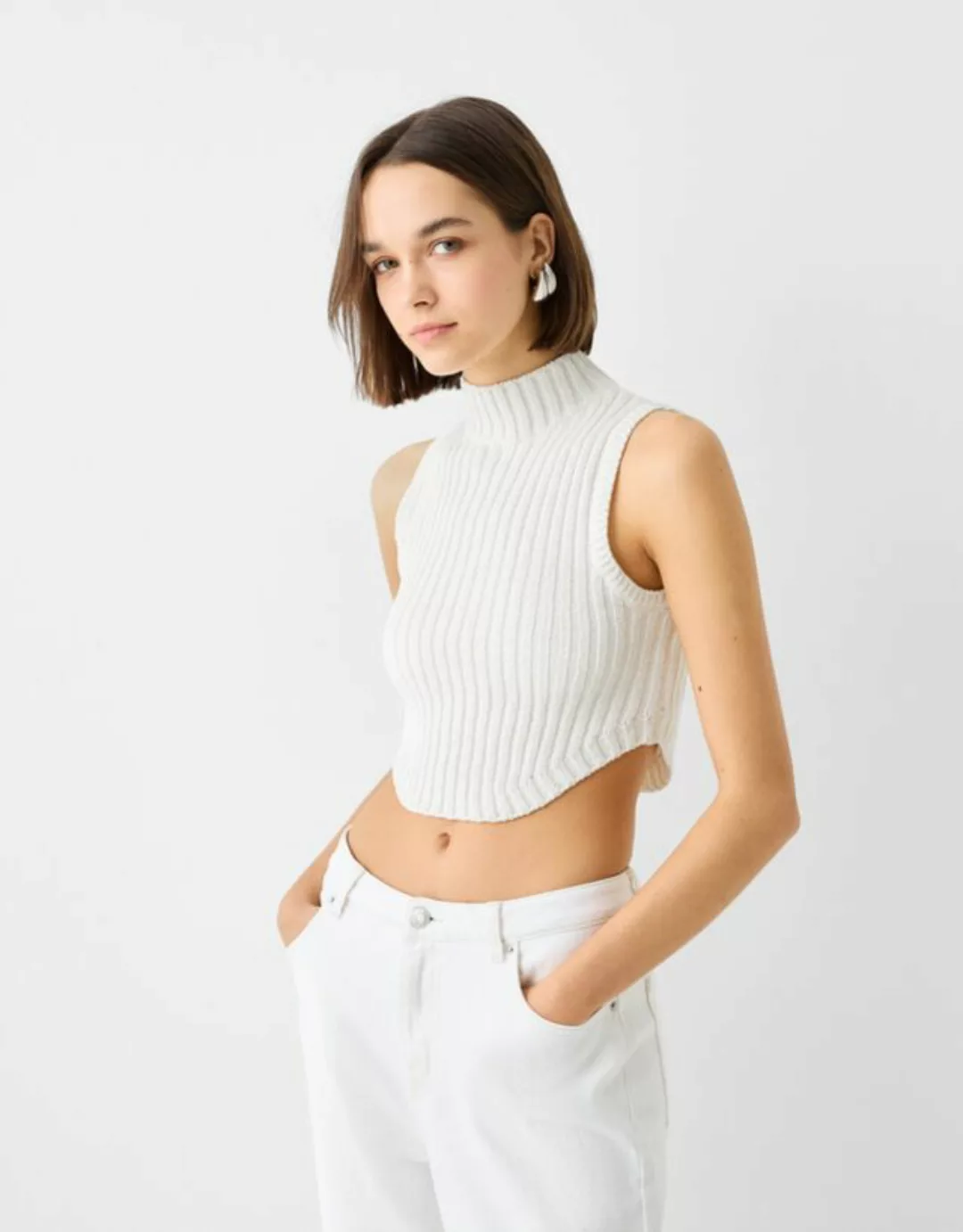 Bershka Ärmelloses Top Mit Rustikalem Rippenmuster Und Stehkragen Damen Xs günstig online kaufen