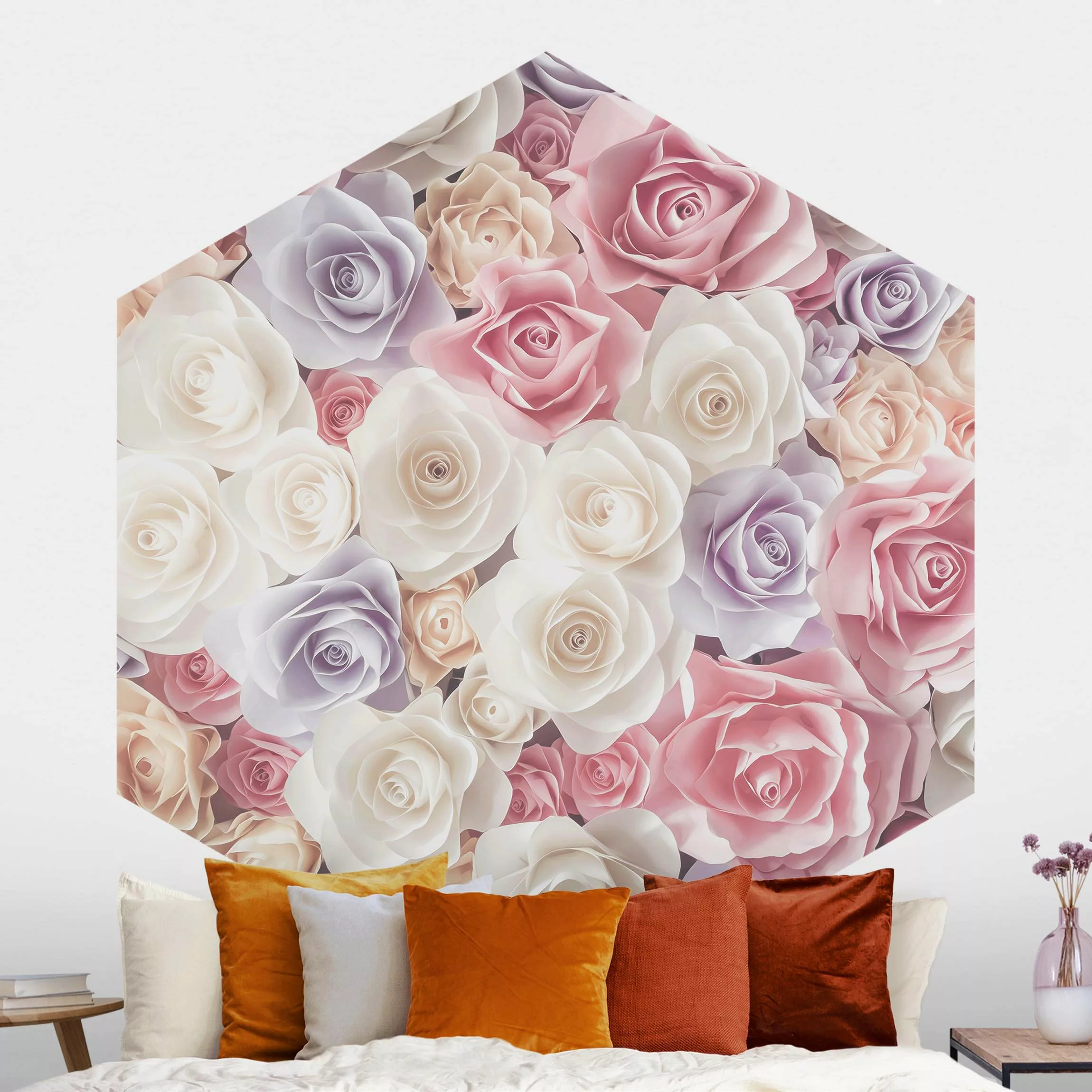Hexagon Fototapete selbstklebend Pastell Paper Art Rosen günstig online kaufen