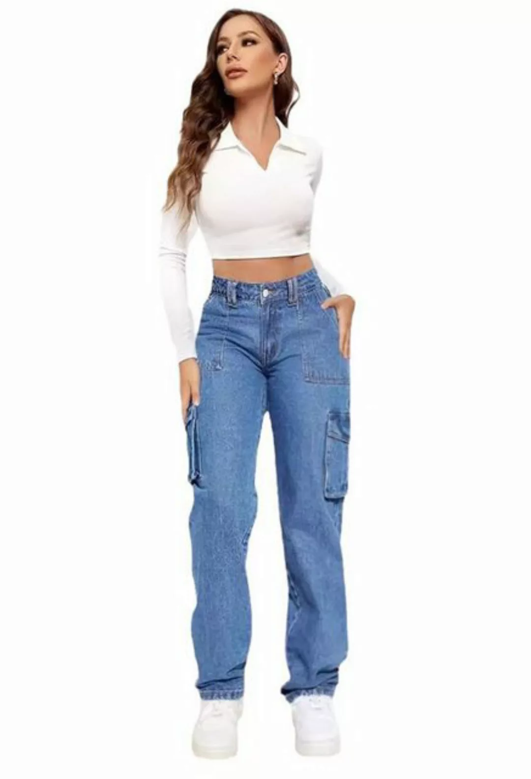CHENIN Bequeme Jeans Retro mid-rise multi-pocket cargo jeans damen casual s günstig online kaufen