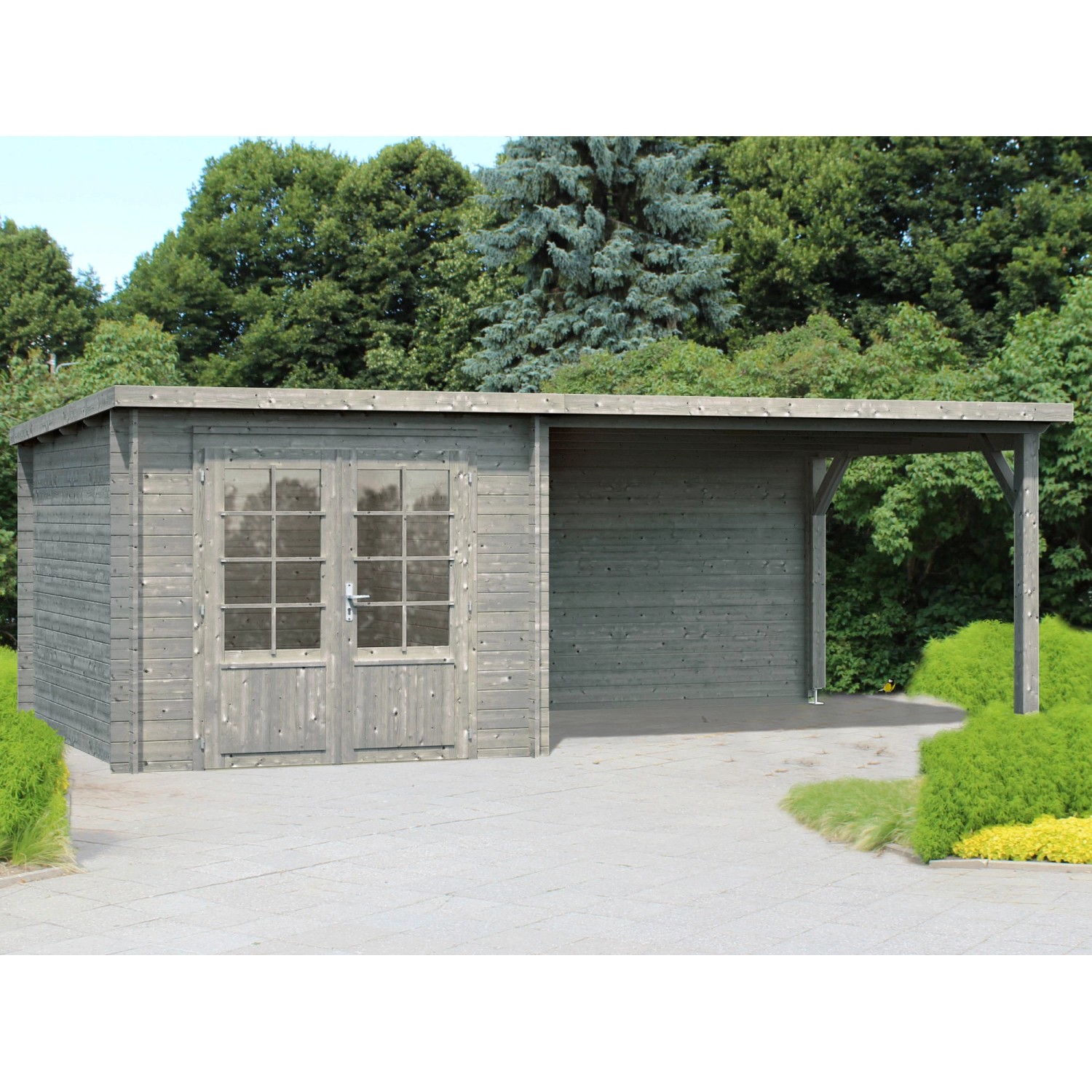 Palmako Ella Holz-Gartenhaus Grau Flachdach Tauchgrundiert 592 cm x 300 cm günstig online kaufen