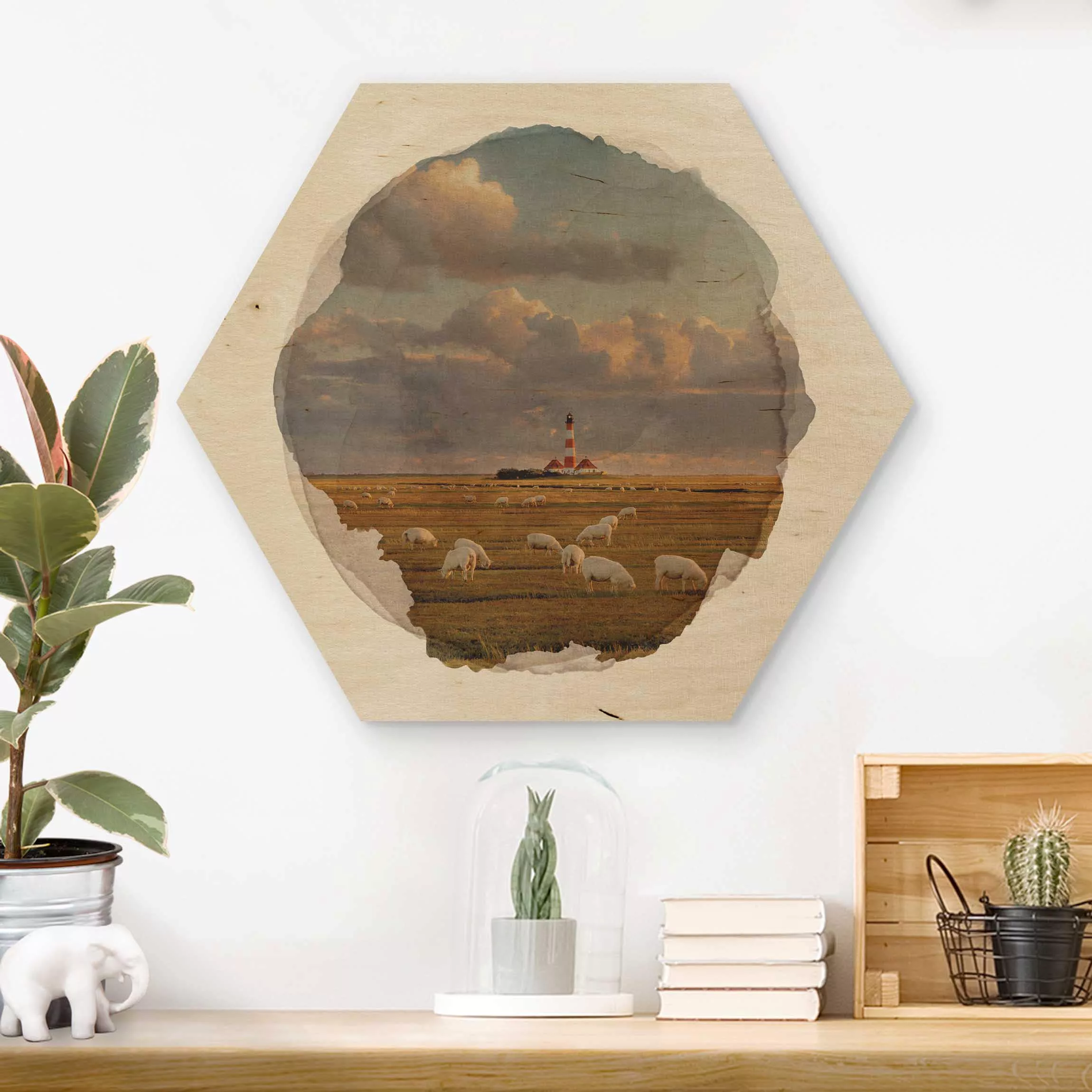 Hexagon-Holzbild Natur & Landschaft Wasserfarben - Nordsee Leuchtturm mit S günstig online kaufen