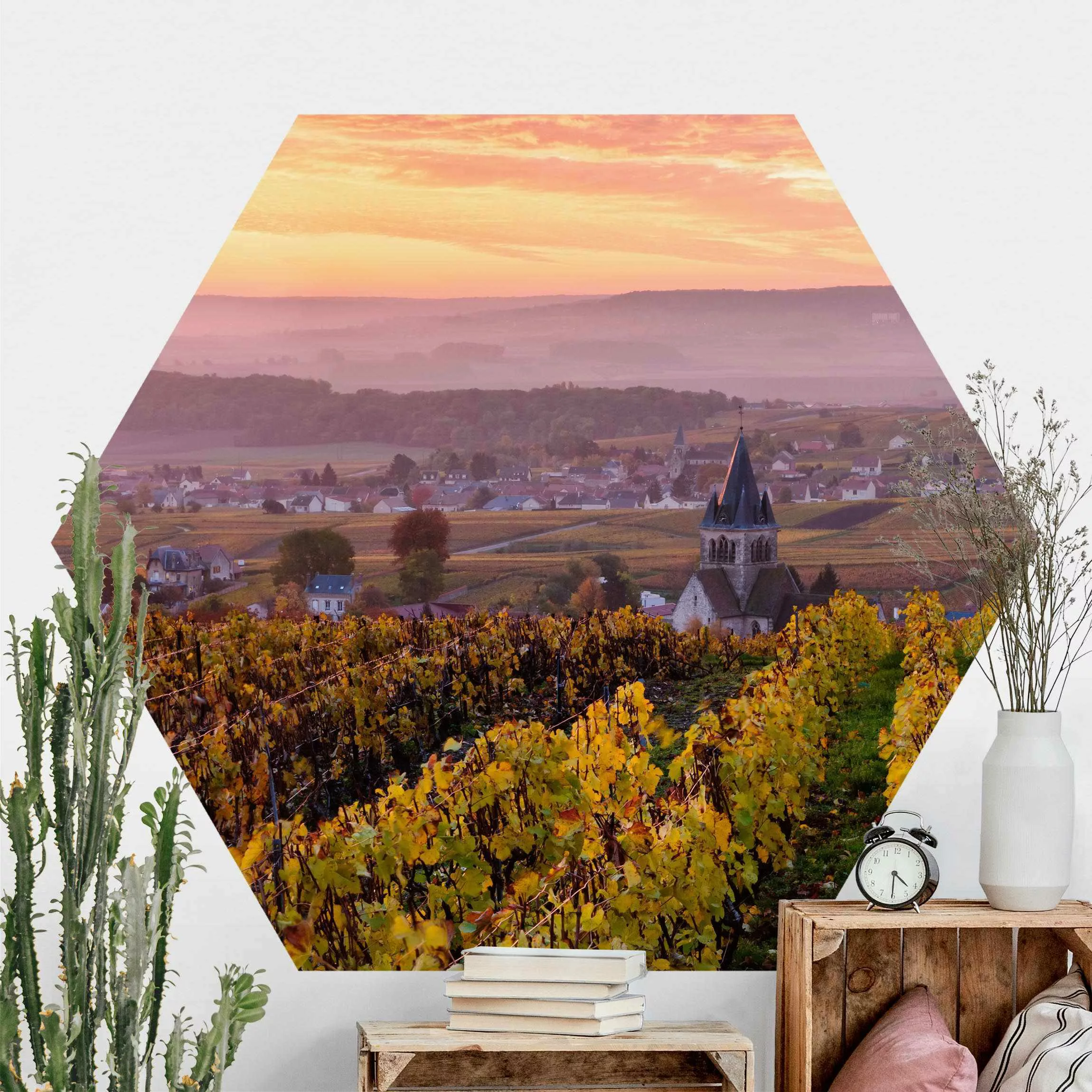 Hexagon Fototapete selbstklebend Weinplantage bei Sonnenuntergang günstig online kaufen