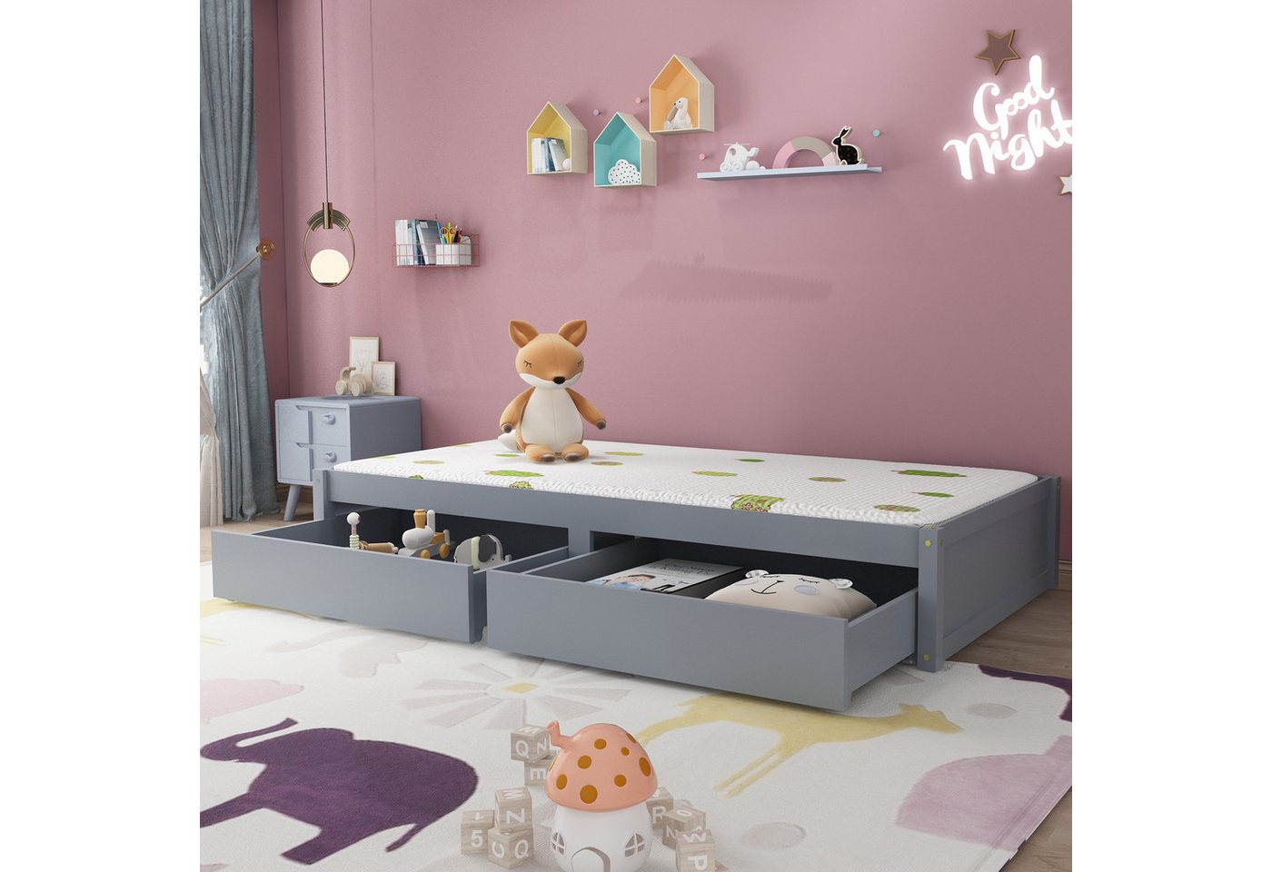 MODFU Bett Kinderbett Massivholzbett Einzelbett (mit 2 Schubladen und Latte günstig online kaufen