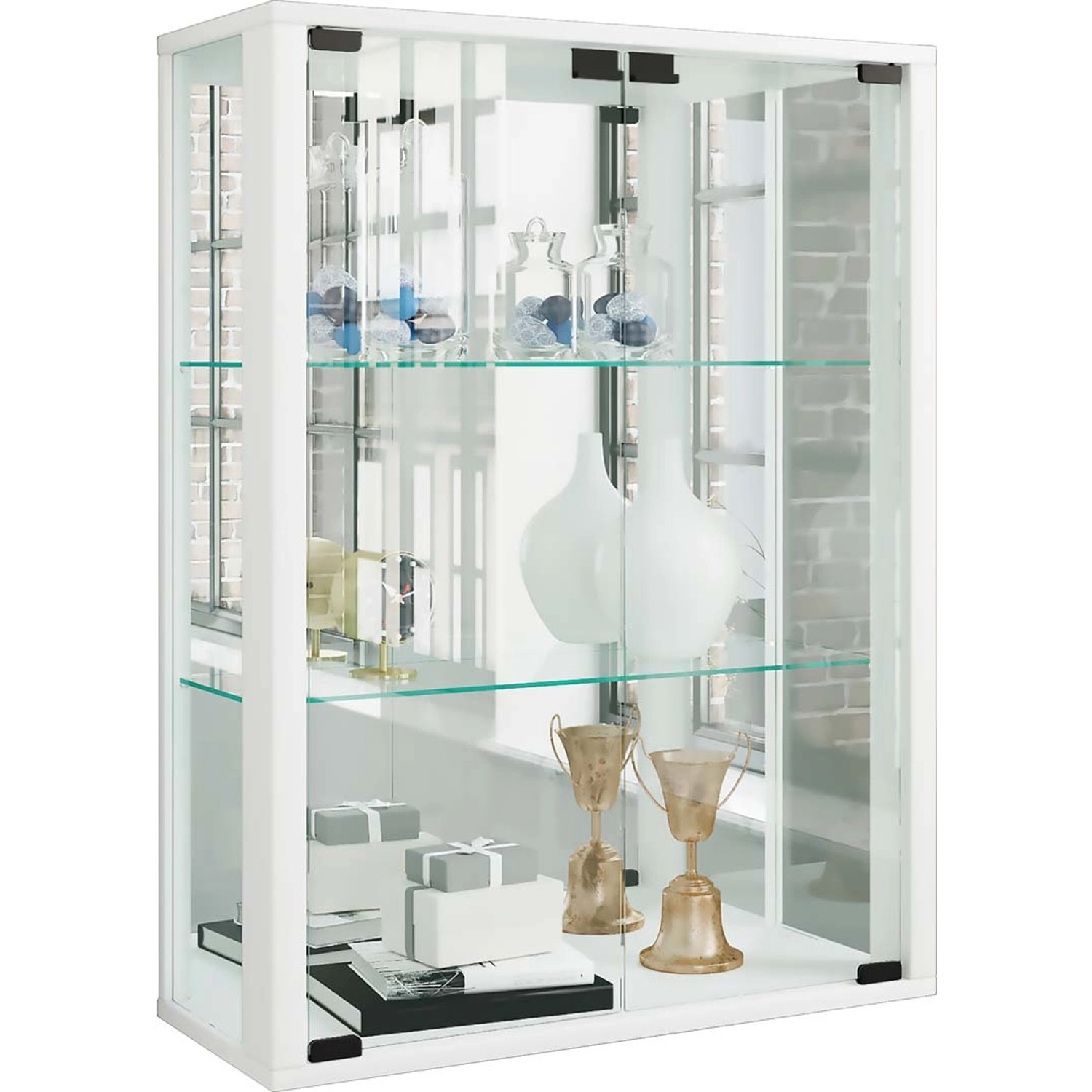 ebuy24 Udina Vitrinenschrank Wandhängend mit Spiegel 2 Glastüren Weiß günstig online kaufen