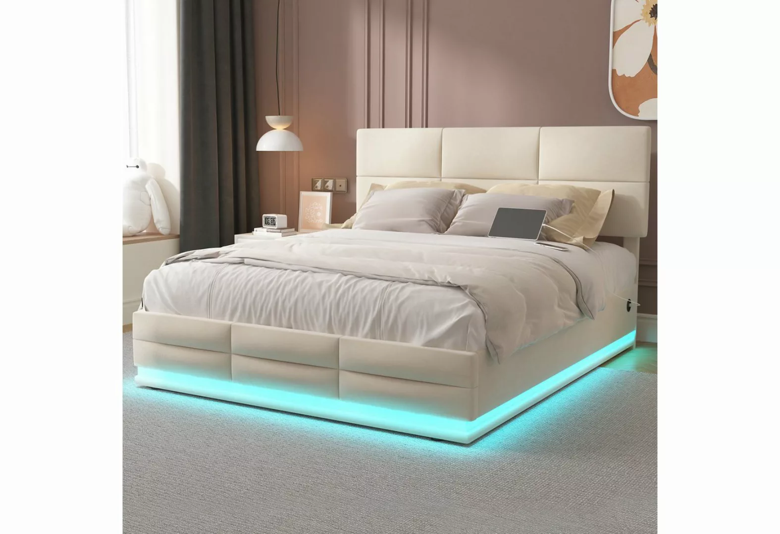 REDOM Polsterbett Doppelbett mit LED-Lichtern und USB-Ladegerät (Weiche Sam günstig online kaufen