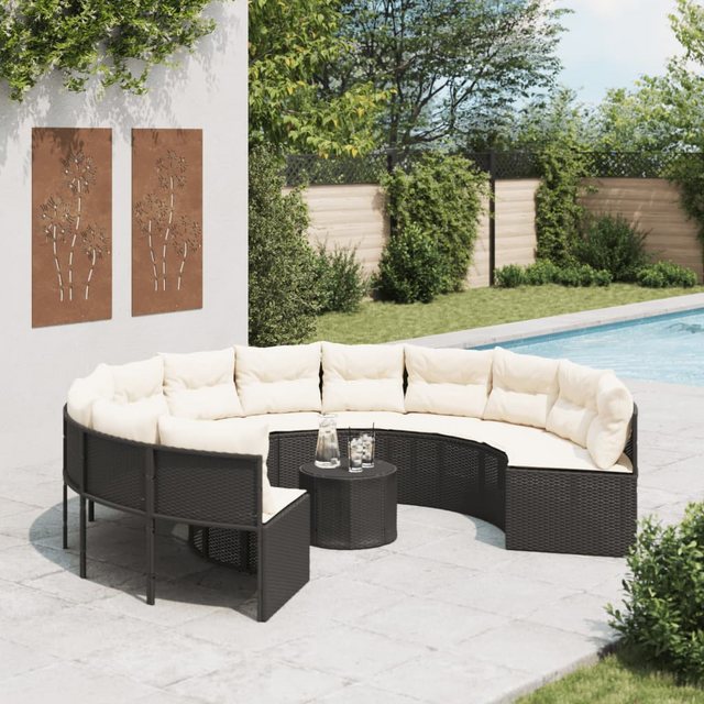 vidaXL Loungesofa Gartensofa mit Tisch und Kissen Rund Schwarz Poly-Rattan, günstig online kaufen