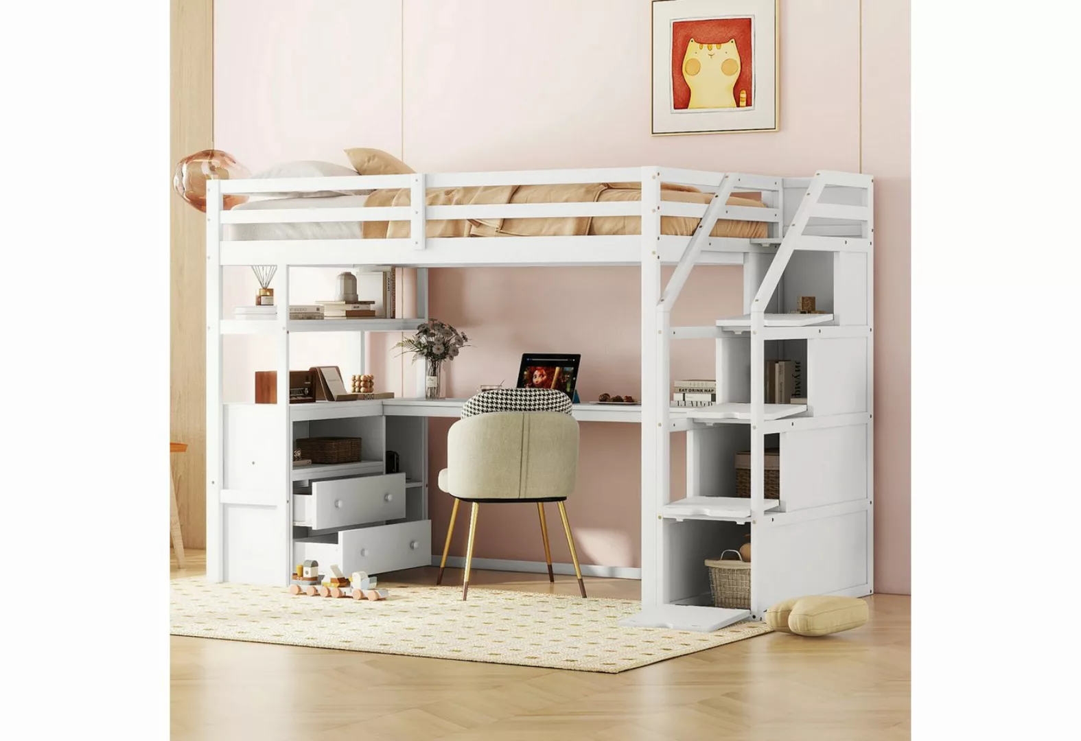 Flieks Hochbett Kinderbett Etagenbett 90x200cm mit Schreibtisch und Staurau günstig online kaufen
