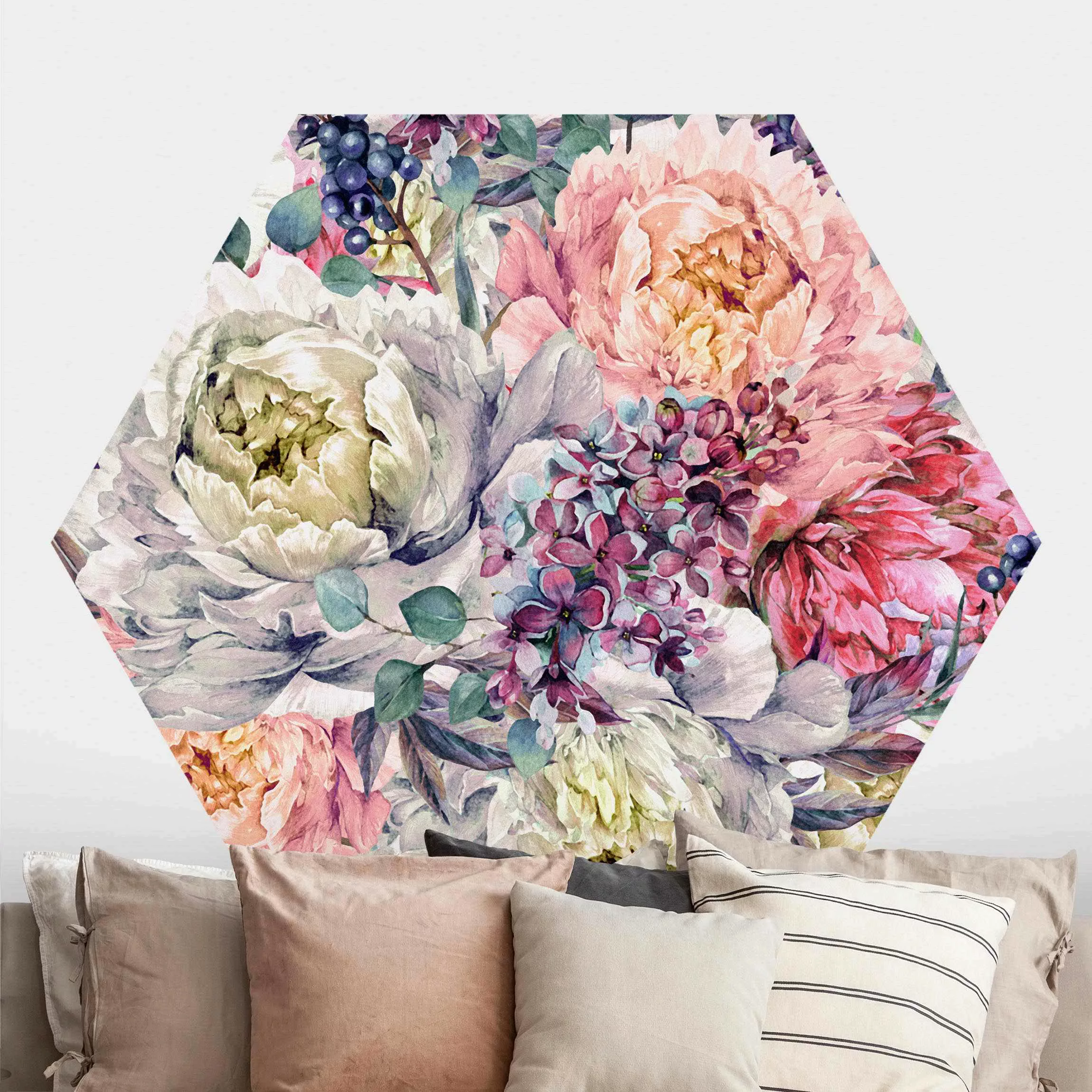 Hexagon Fototapete selbstklebend Aquarell Florales Bouquet günstig online kaufen