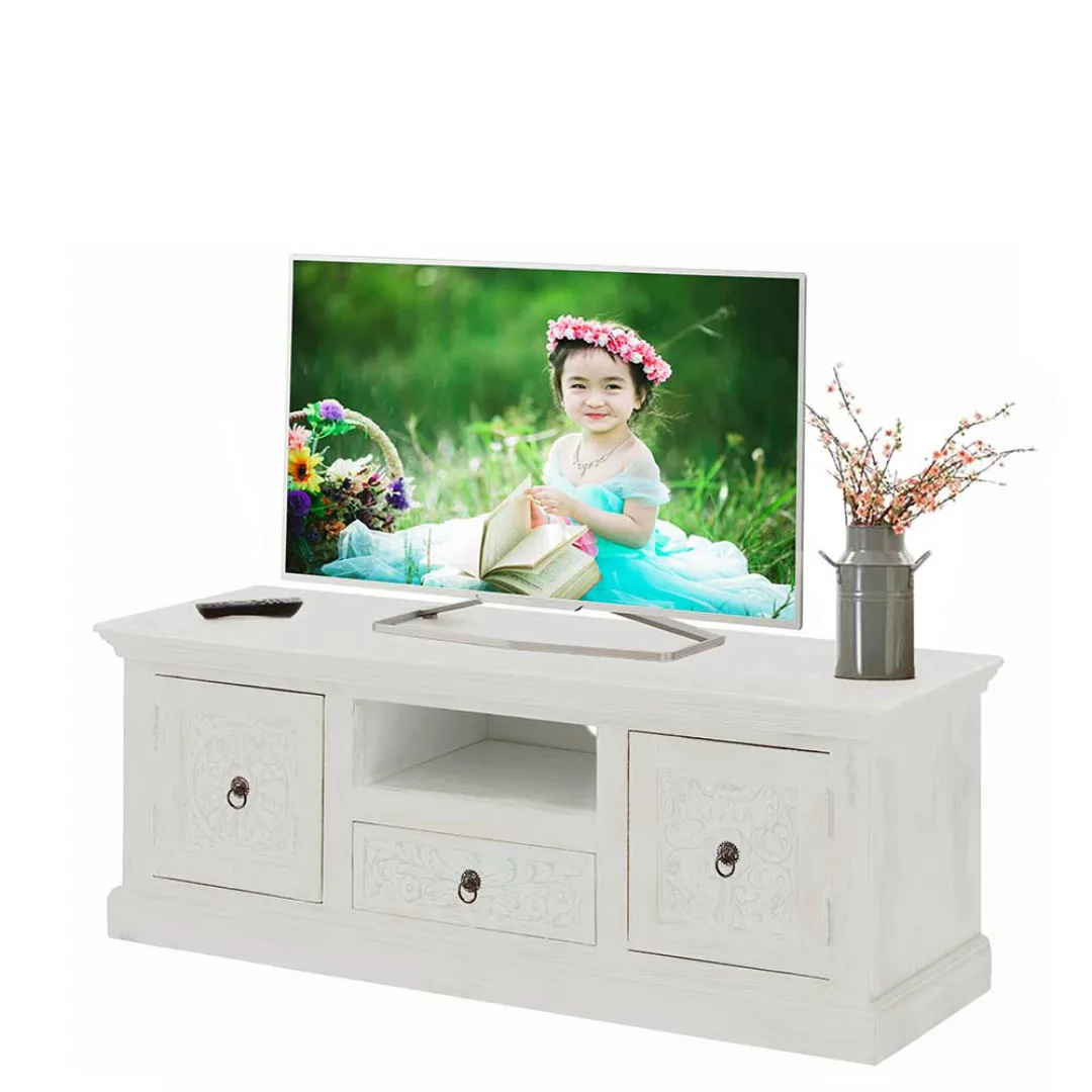 Fernsehlowboard weiß aus Mangobaum Massivholz Landhausstil günstig online kaufen