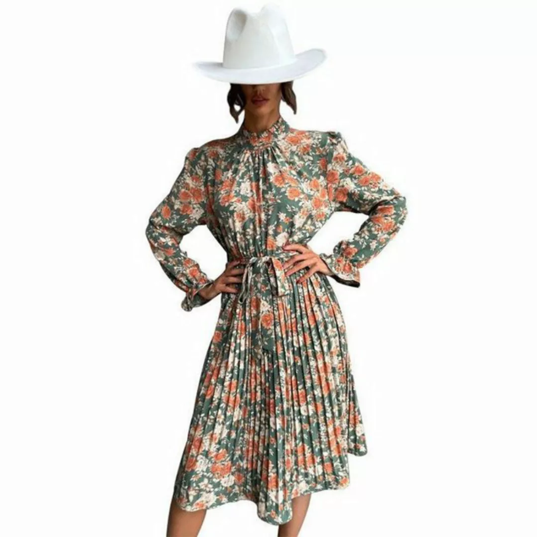 KIKI Midikleid Modisches Damenkleid Bedrucktes Langarmkleid mit halbhohem K günstig online kaufen