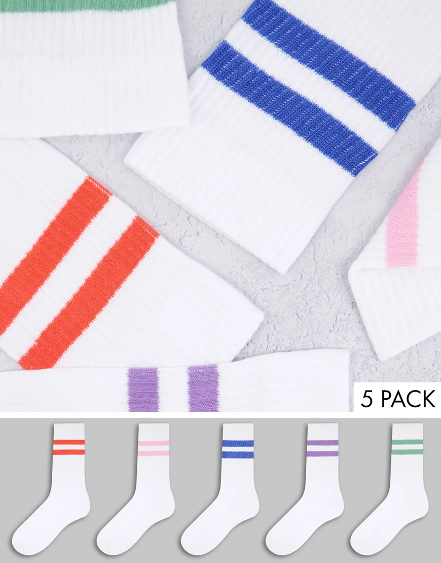 ASOS DESIGN – Sportsocken in Weiß mit farbenfrohen Streifen im 5er-Pack günstig online kaufen