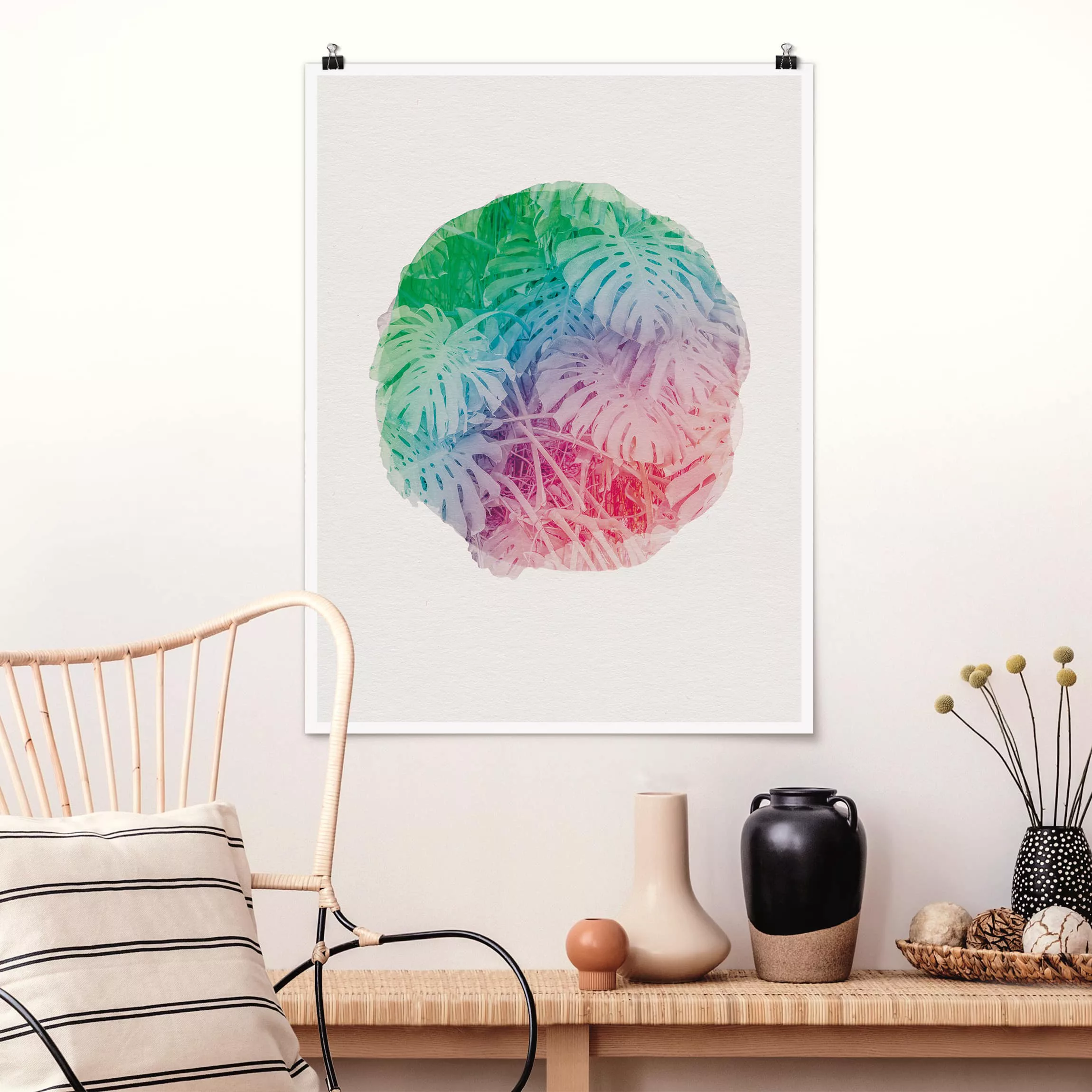 Poster Blumen - Hochformat Wasserfarben - Pink Monstera günstig online kaufen