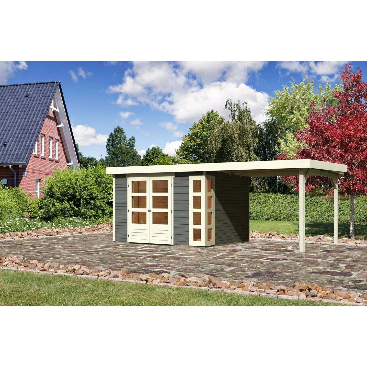 Karibu Holz-Gartenhaus/Gerätehaus Sölve Terragrau Flachdach Lackiert 298 cm günstig online kaufen