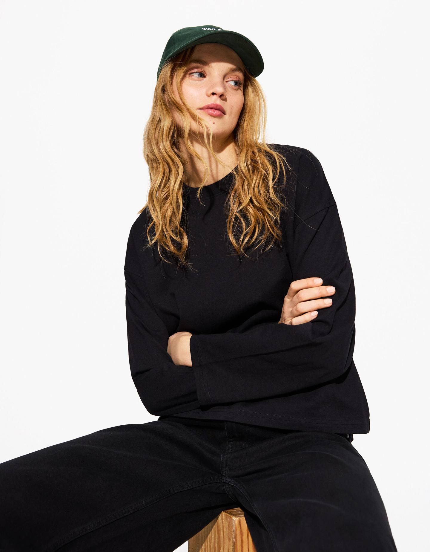 Bershka Langarmshirt Aus Baumwolle Damen S Schwarz günstig online kaufen