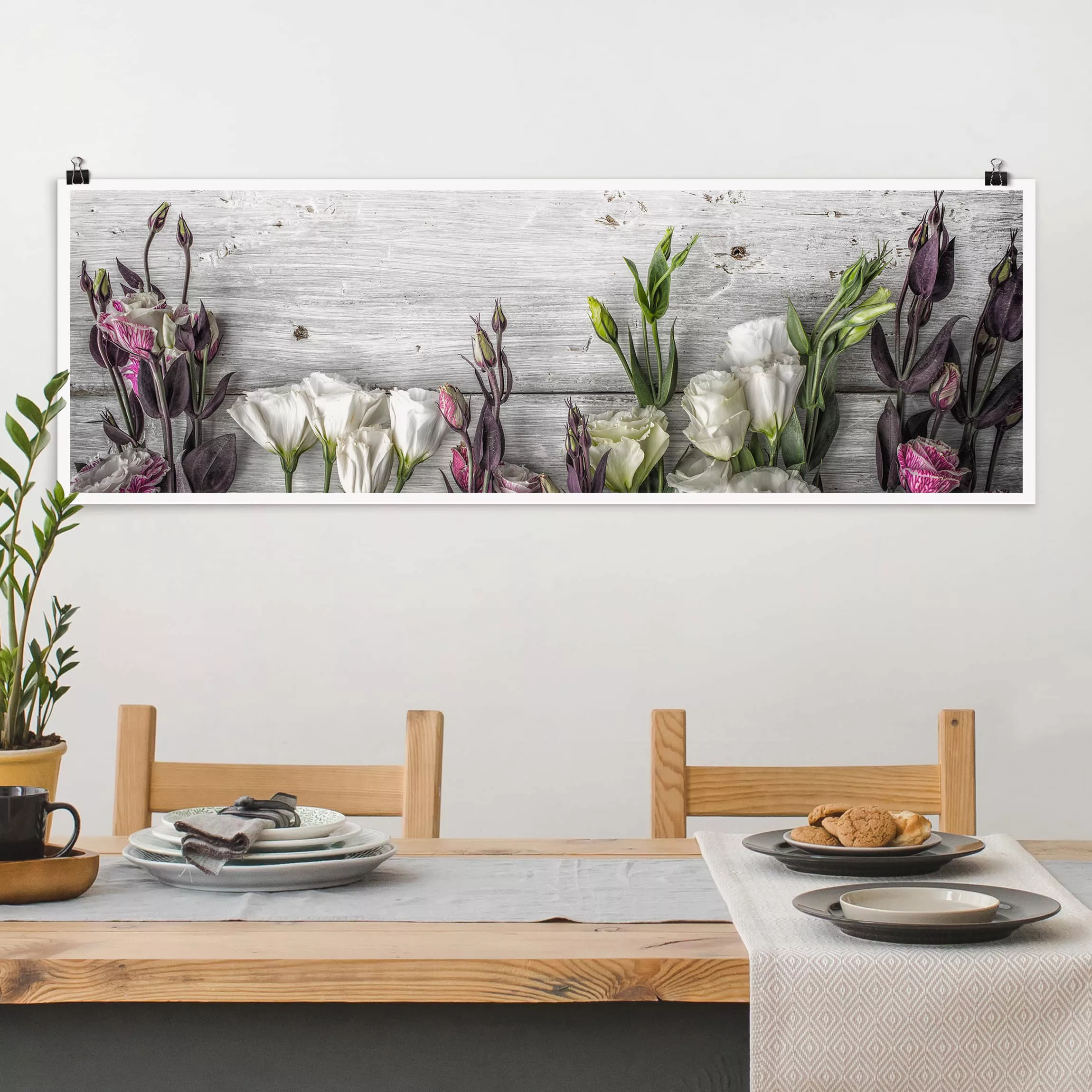 Panorama Poster Blumen Tulpen-Rose Shabby Holzoptik günstig online kaufen