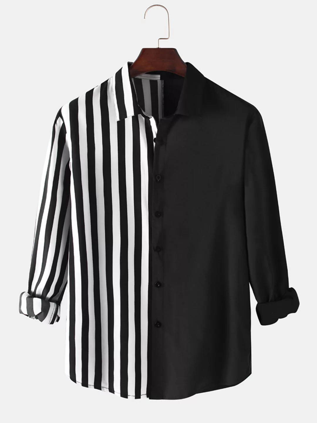 Herren Kontrast Patchwork Streifen Relaxed Fit Casual Langarmhemden günstig online kaufen