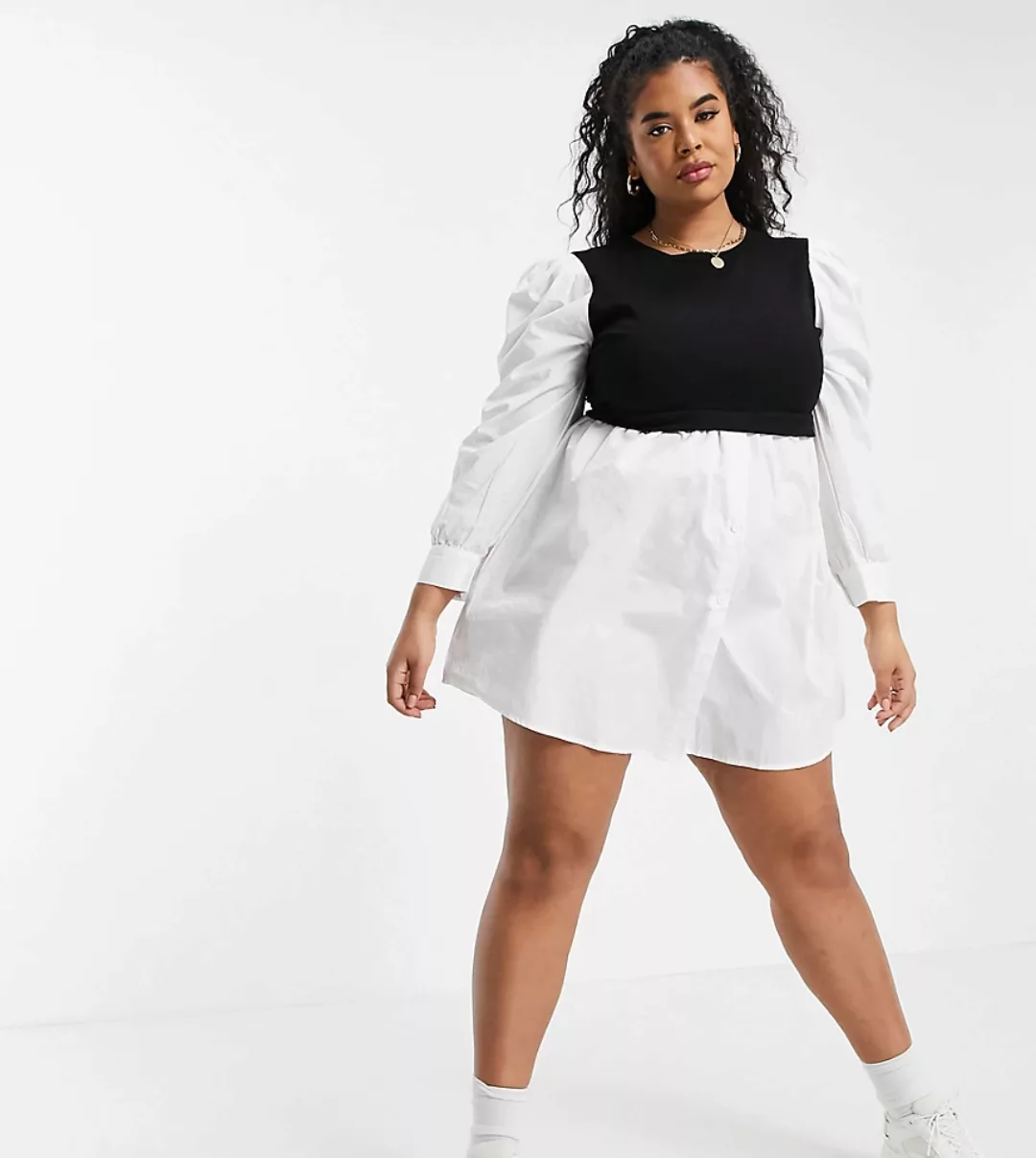 Missguided Plus – Hemdkleid in Weiß mit Puffärmeln und Pullovereinsatz günstig online kaufen