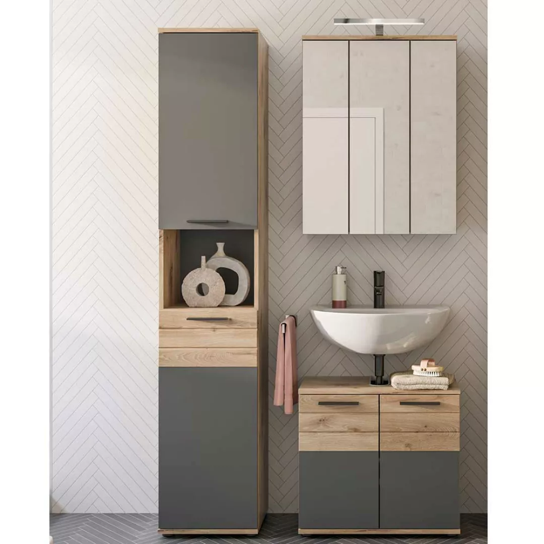 Waschplatz Set mit Spiegelschrank in Wildeichefarben Grau (dreiteilig) günstig online kaufen