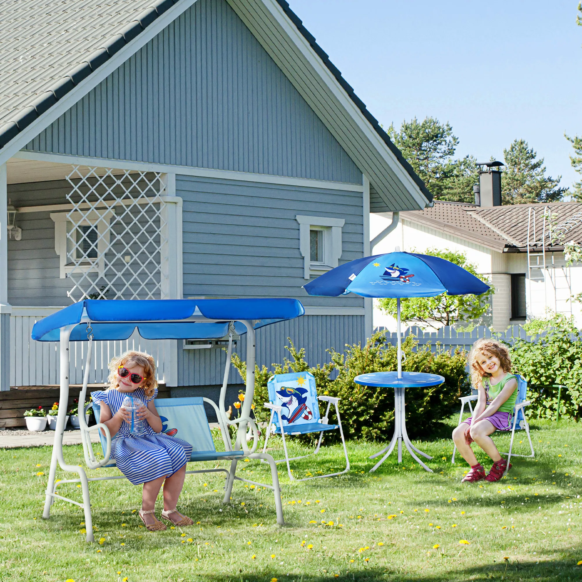 Outsunny 4 tlg Kindersitzgruppe Garten mit Gartentisch 2 Klappstühlen und S günstig online kaufen