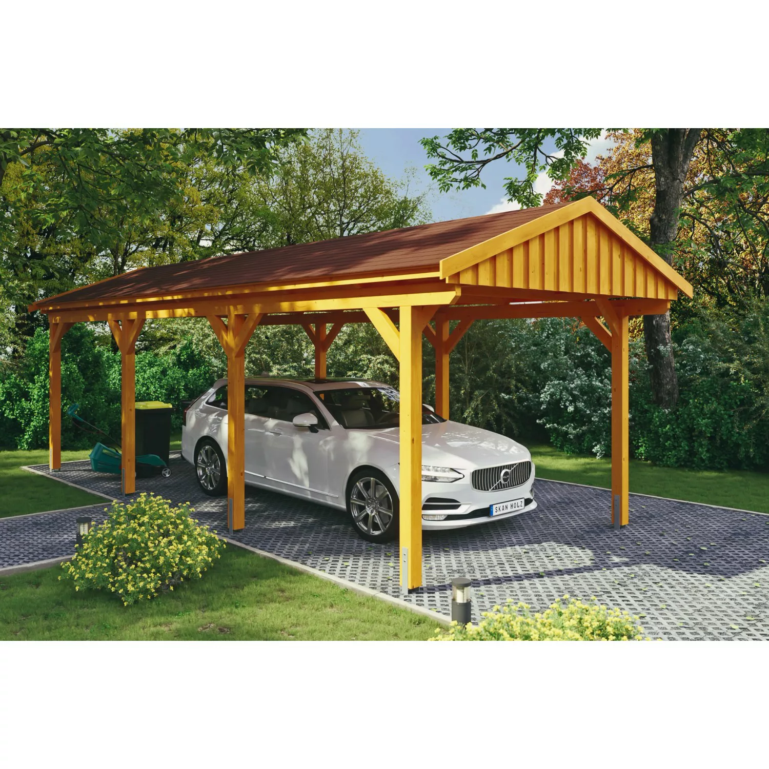 Skan Holz Carport Fichtelberg 317 cm x 808 cm Rote Schindeln Eiche Hell günstig online kaufen