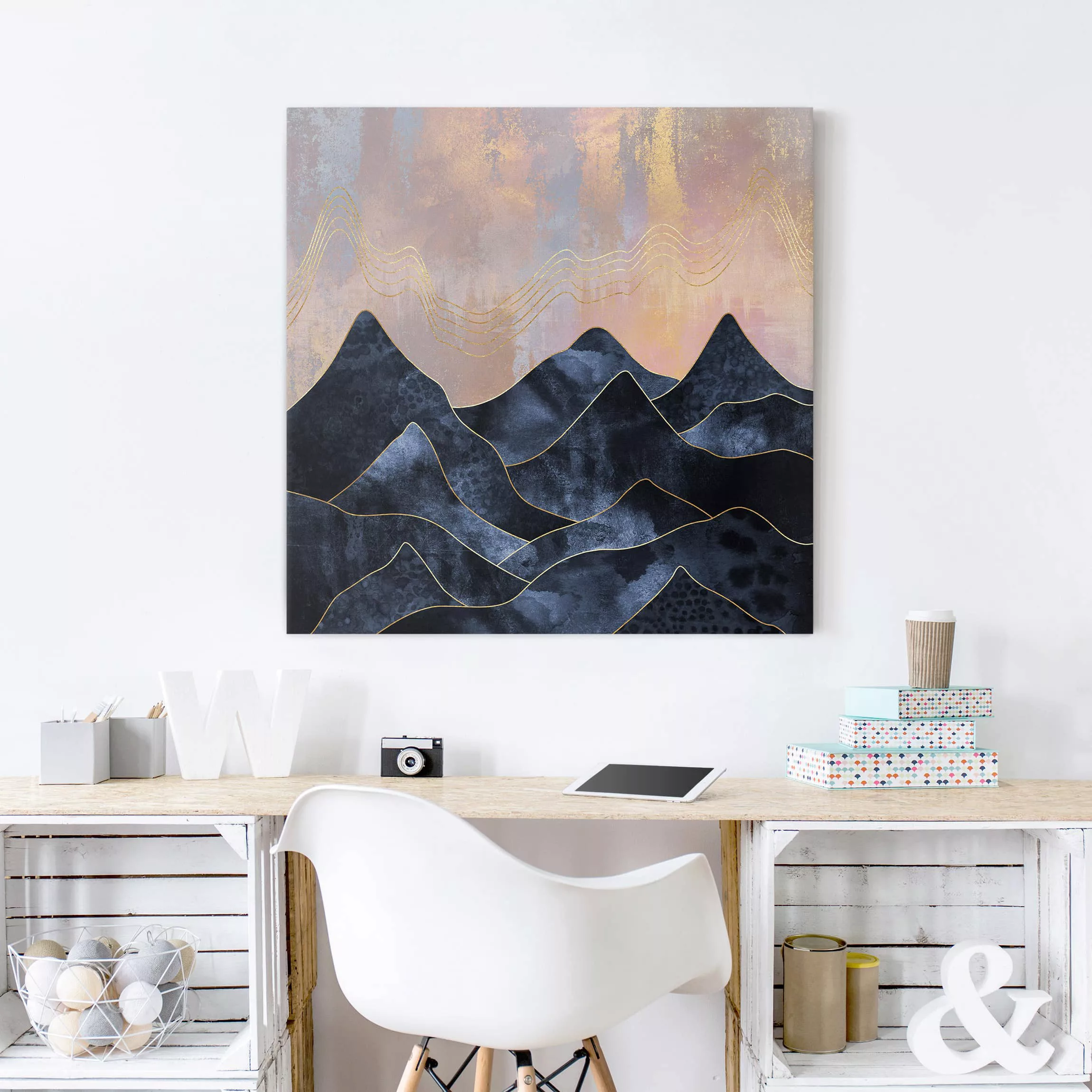 Leinwandbild Abstrakt - Quadrat Goldene Dämmerung über Gebirge günstig online kaufen