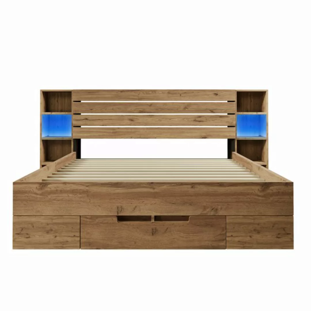 Rutaqian Stauraumbett Doppelbett 160/180x200 cm aus Massivholz mit LED, USB günstig online kaufen