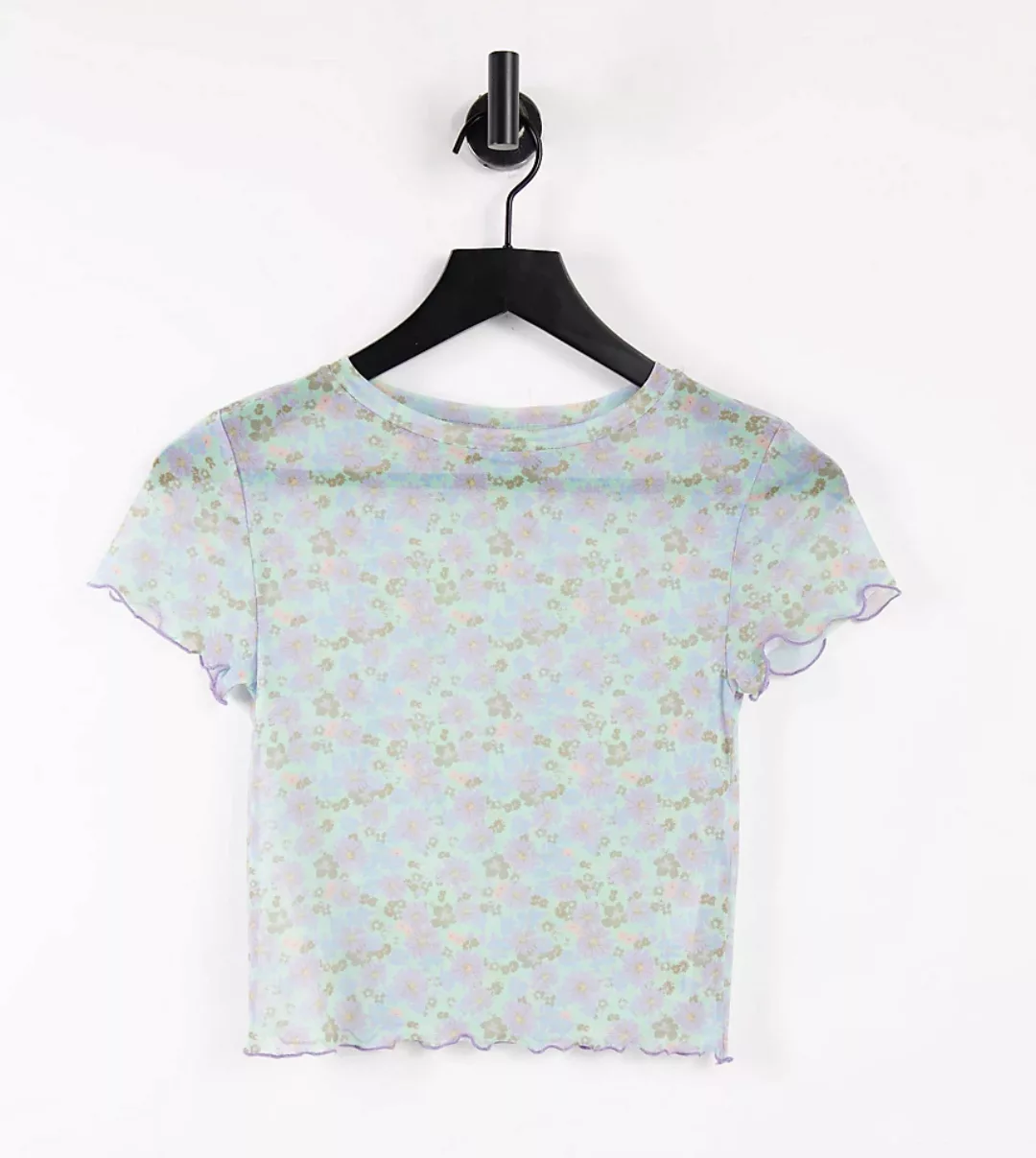 ASOS DESIGN Petite – Kurzärmliges T-Shirt aus Netzstoff mit Blumenmuster-Me günstig online kaufen
