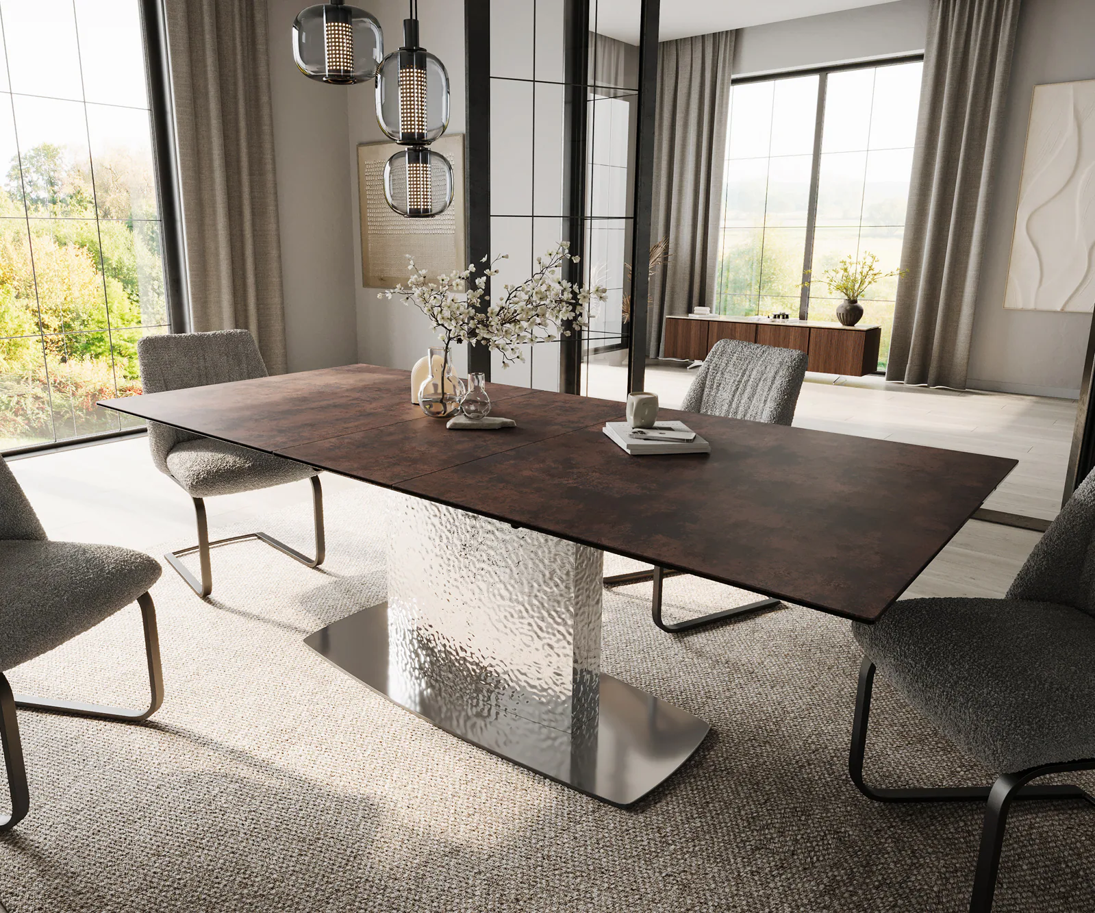 Esstisch Edge 180-220x90 Glas Antique-braun Wave Edelstahl ausziehbar günstig online kaufen
