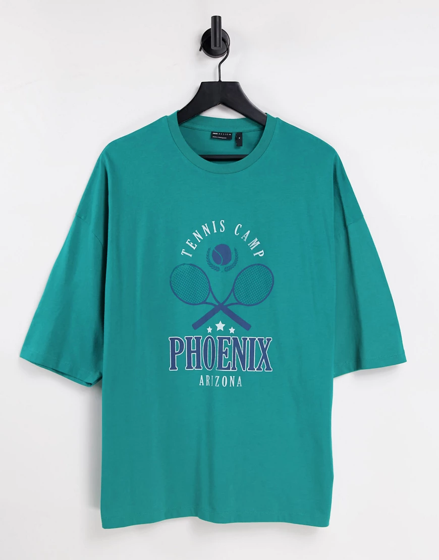 ASOS DESIGN – Oversize-T-Shirt in Grün mit Phoenix-Tennisclub-Aufdruck günstig online kaufen