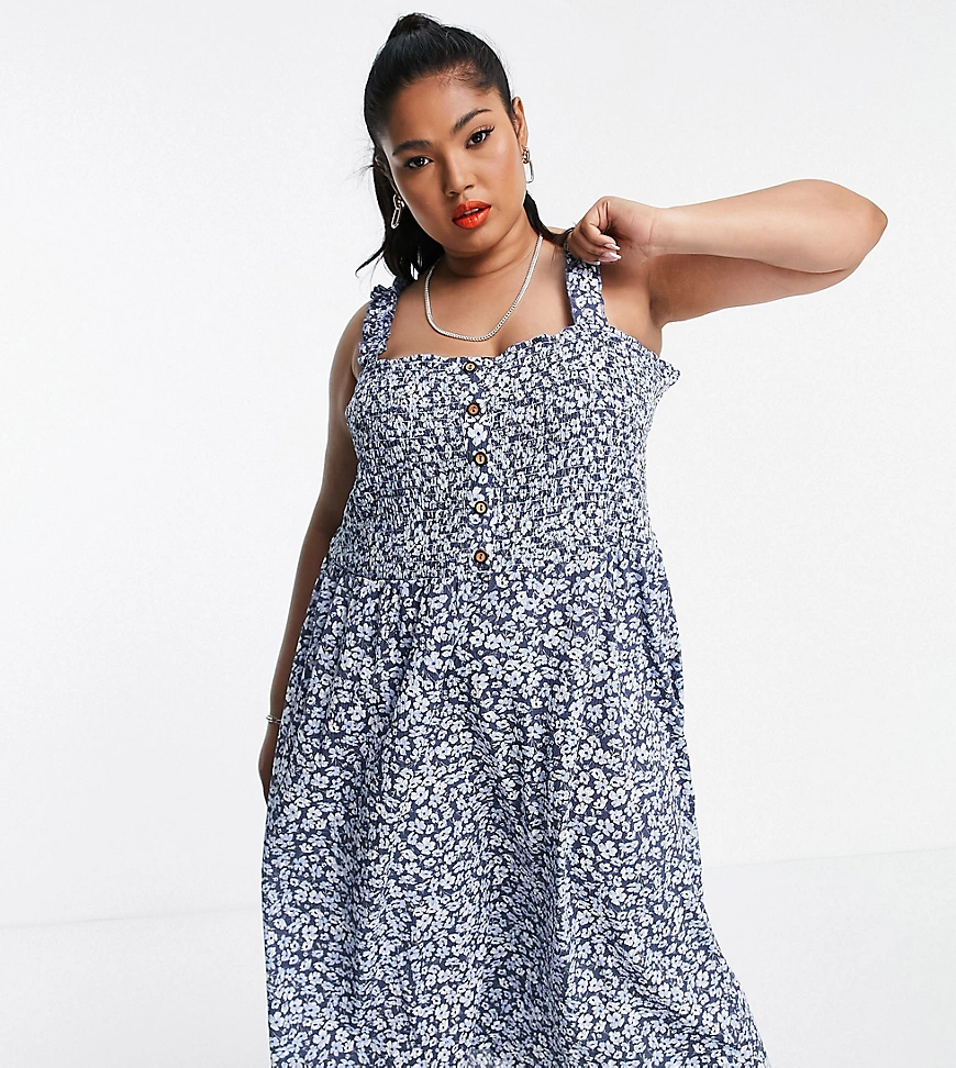 Only Curve – Sommerkleid aus Jersey in Marineblau mit gerafften Trägern günstig online kaufen