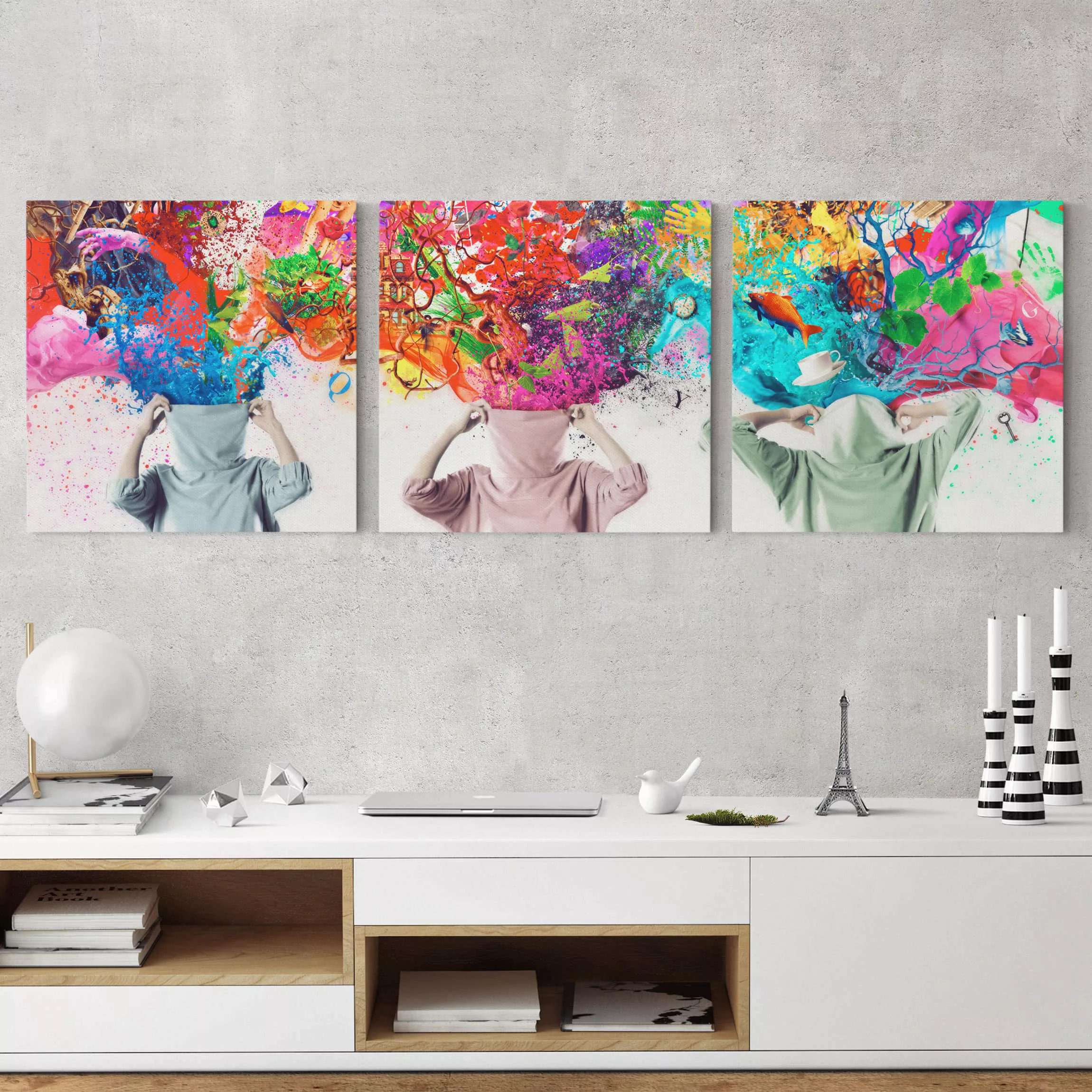 3-teiliges Leinwandbild Portrait - Quadrat Brain Explosions günstig online kaufen
