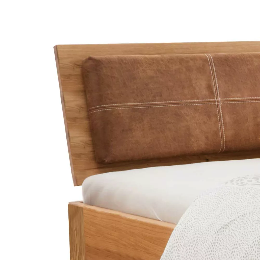 Bett mit Polsterkopfteil aus Wildeiche Massivholz 56 cm Einstiegshöhe günstig online kaufen