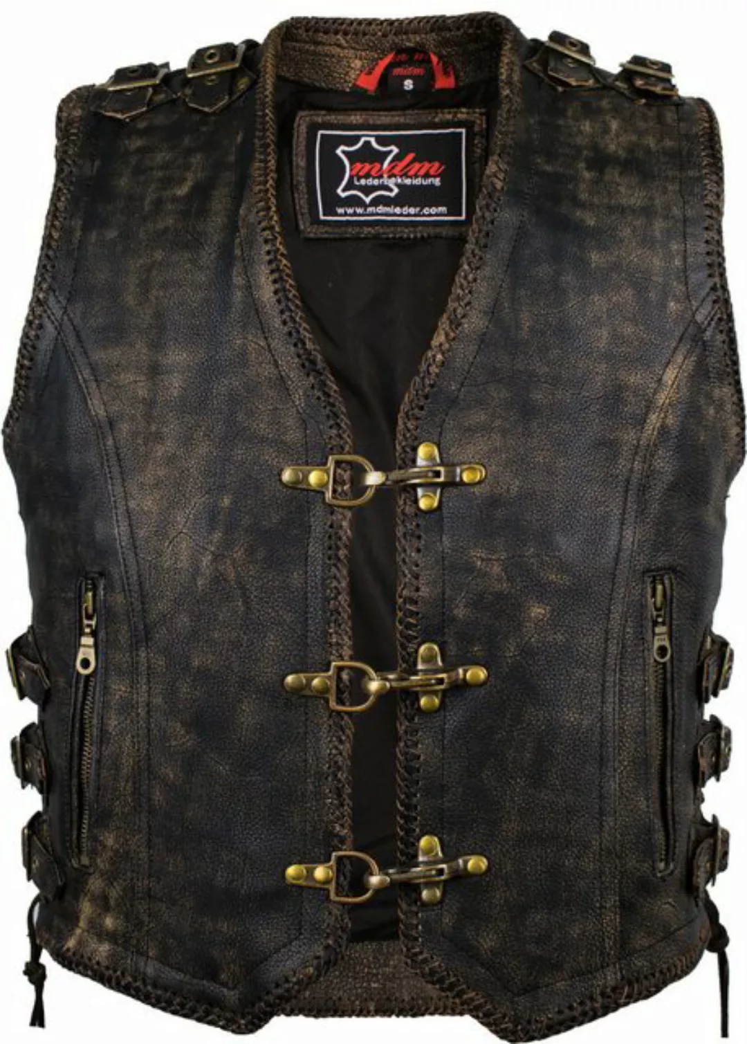 MDM Lederweste Herren Vintage Biker Lederweste mit Messing Schnallen Bikerk günstig online kaufen