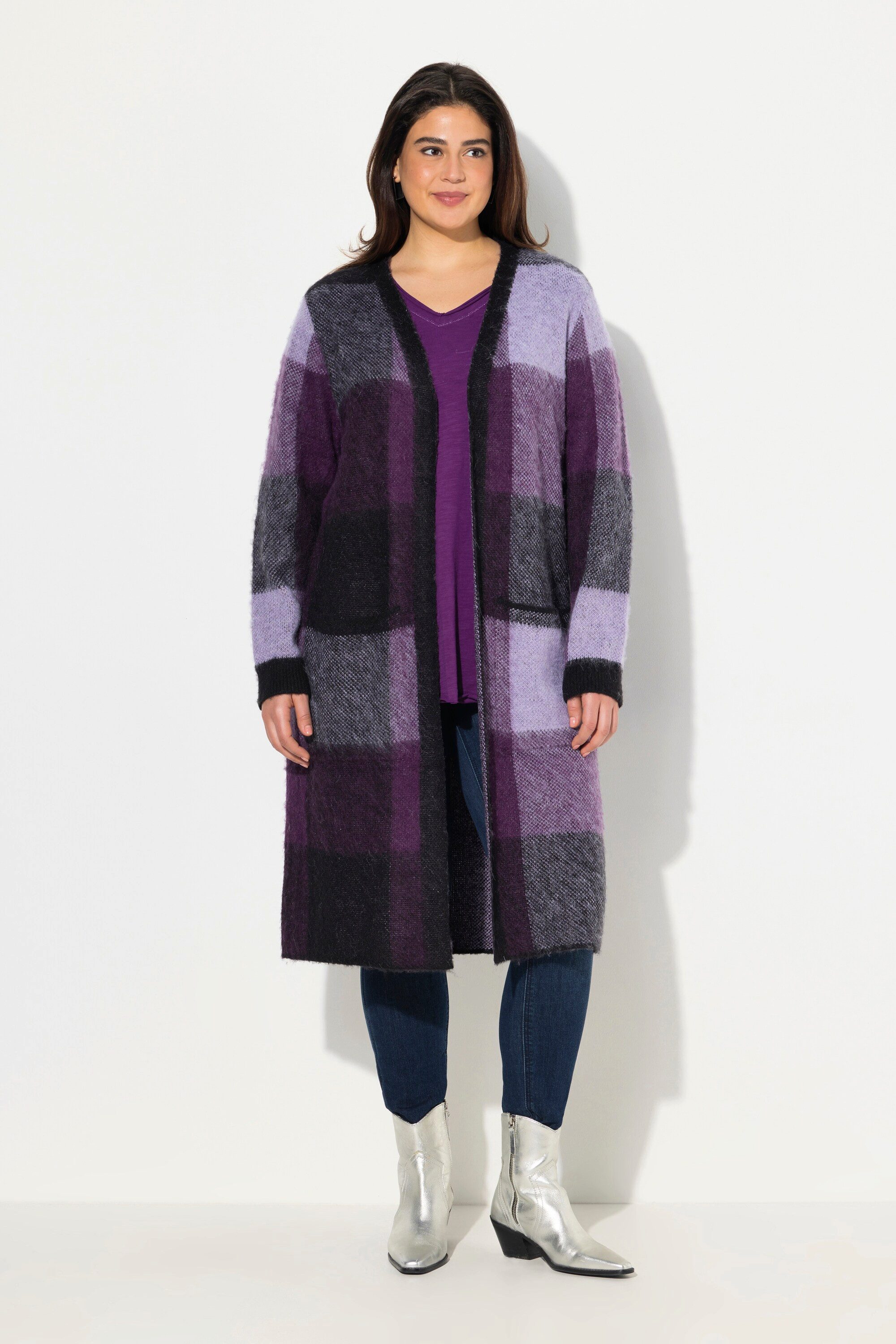 Ulla Popken Strickjacke Long-Strickjacke Karo offenes günstig online kaufen