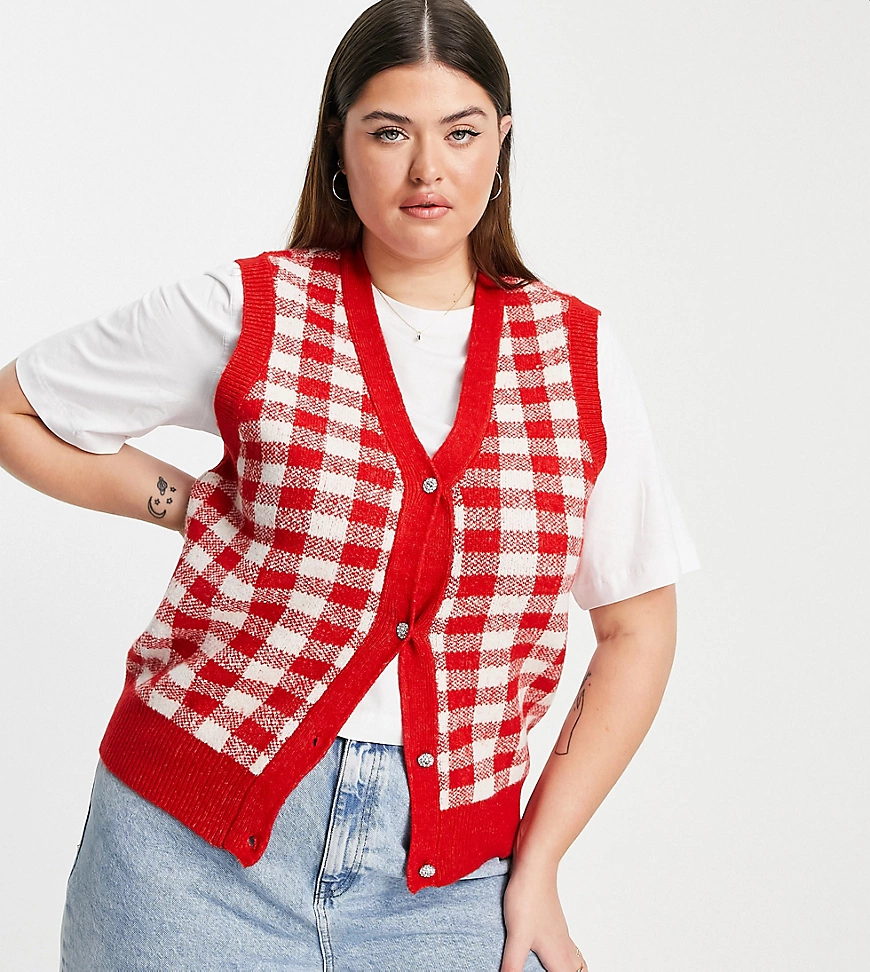 Pieces Curve – Exklusives Strick-Trägertop in Rot mit Vichykaro-Bunt günstig online kaufen