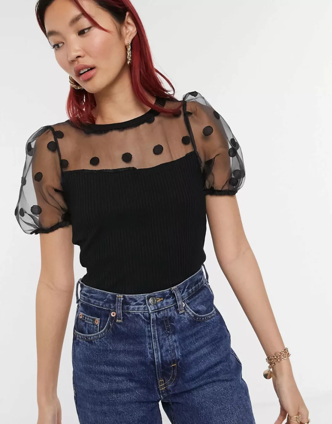 River Island – Geripptes Oberteil mit gepunkteten Puffärmeln aus Organza, i günstig online kaufen