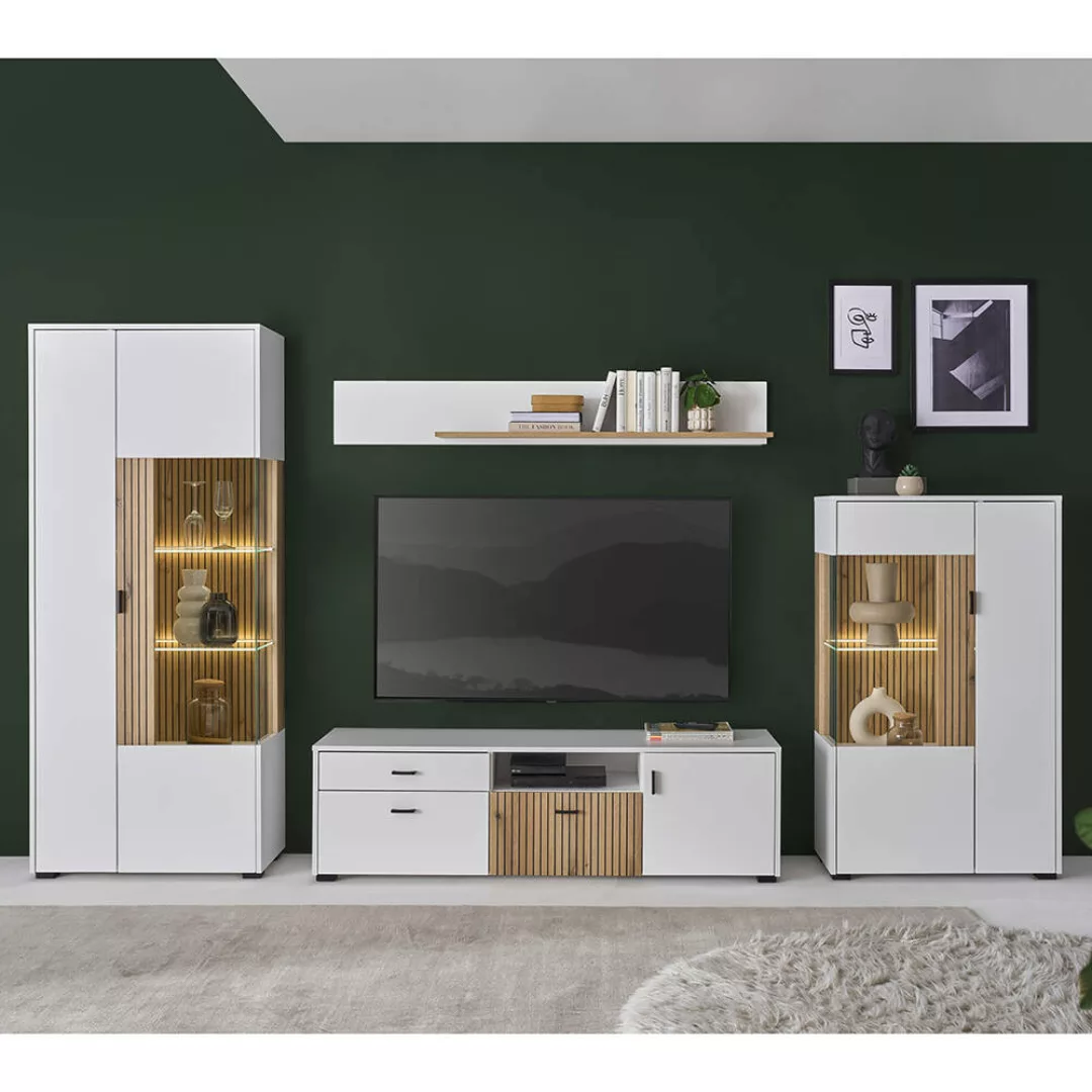 Wohnwand mit Lowboard 150cm weiß matt Eiche gerillt HUNTER-61, 4-teilig günstig online kaufen