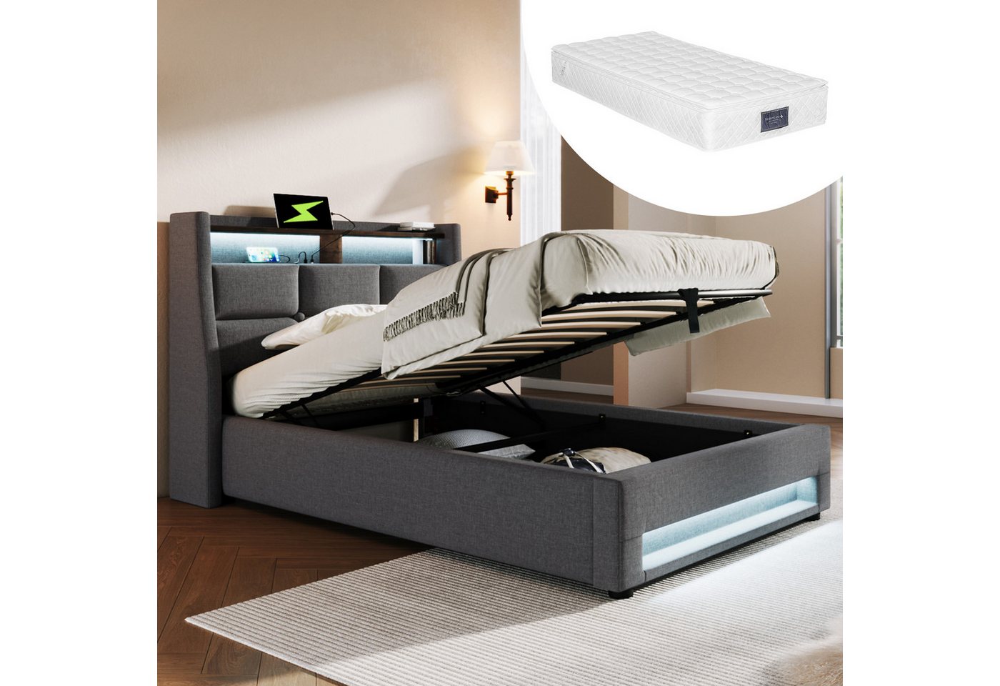 MODFU Polsterbett Einzelbett (Jugendbett mit USB Ladeanschluss), 90 x 200 c günstig online kaufen